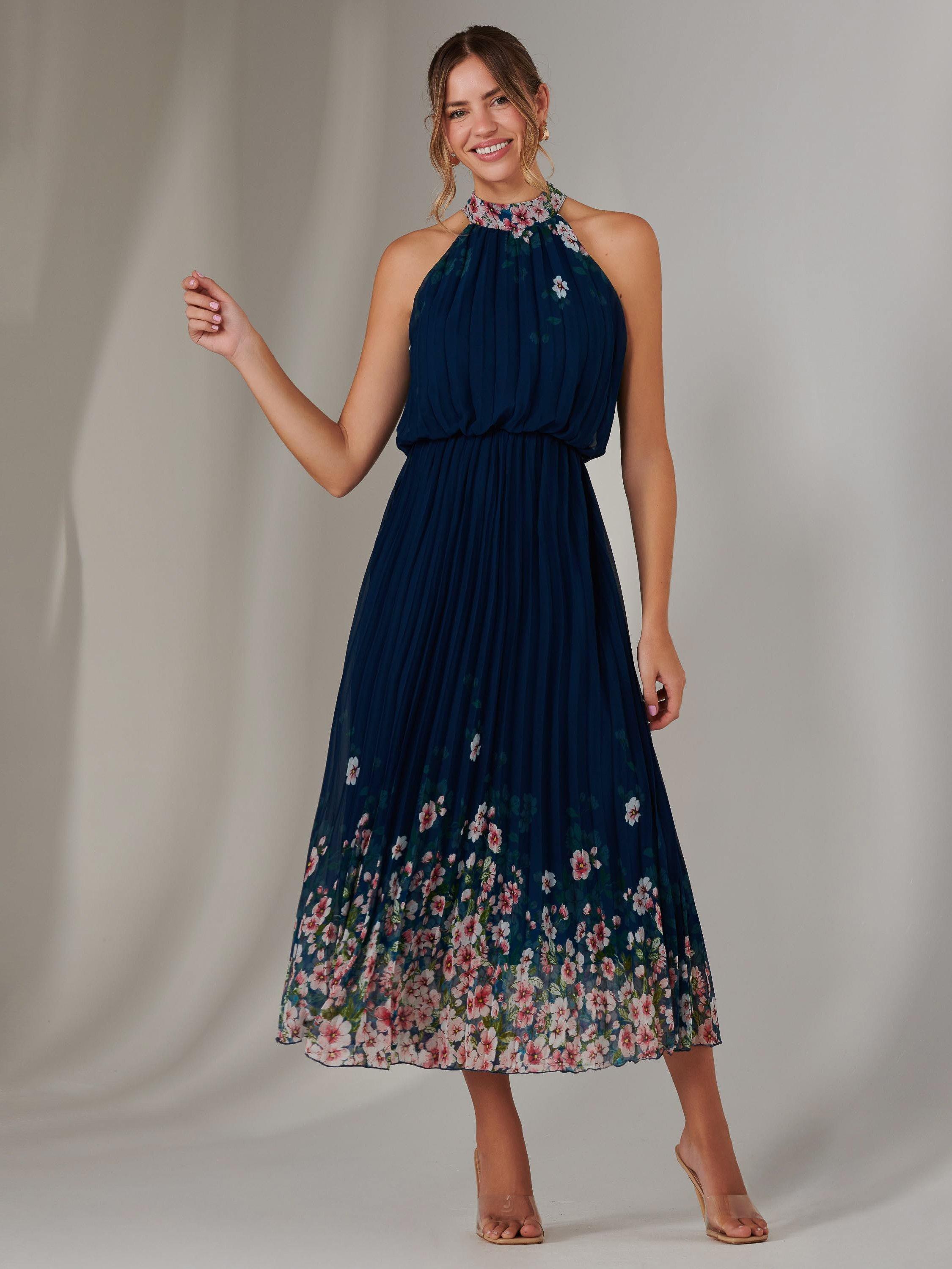 Product image 1 of 7, which shows Jolie Moi Pleated Halterneck Maxi Dress, Navy, 8