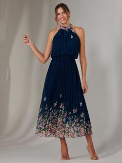 Jolie Moi Pleated Halterneck Maxi Dress, Navy, Navy