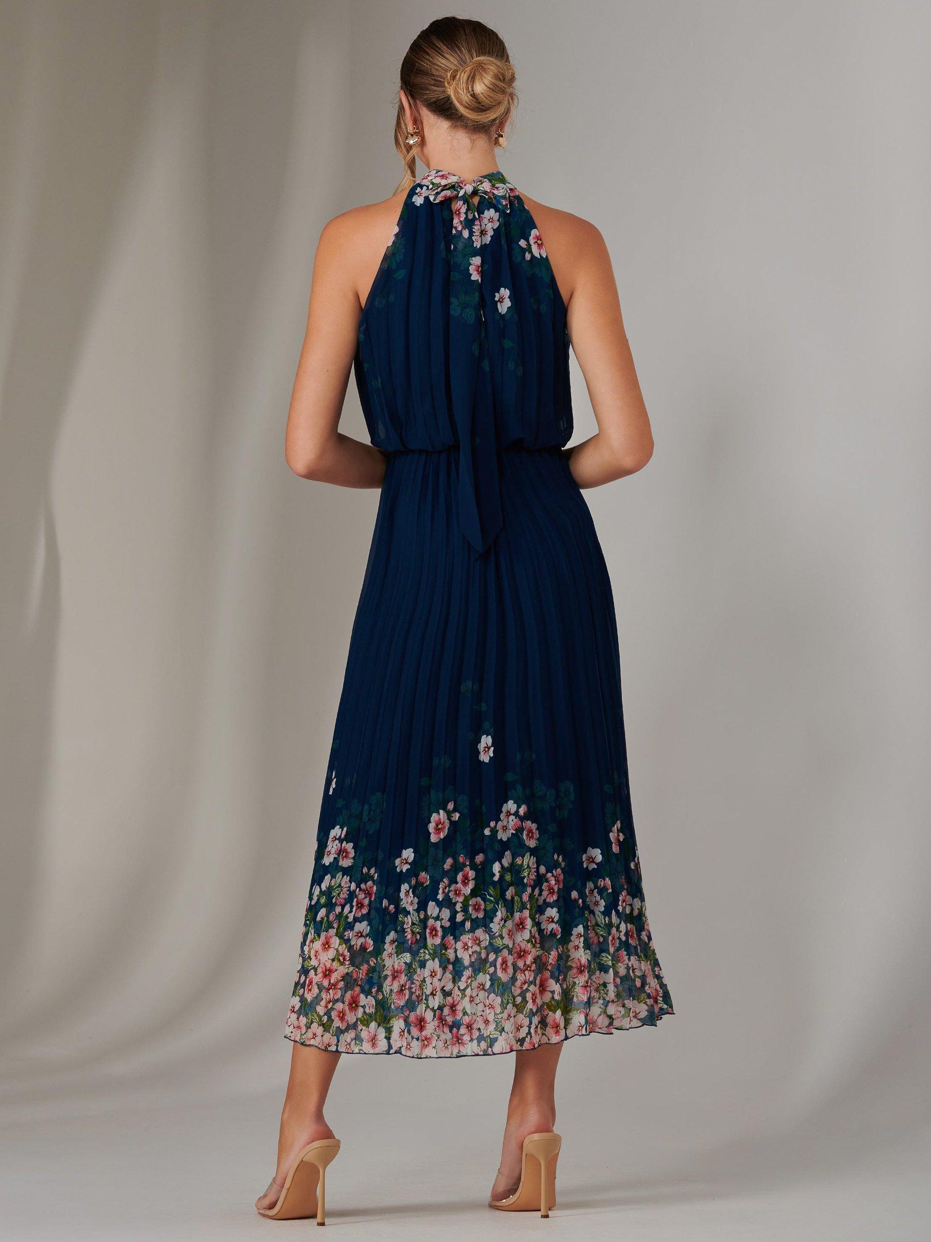 Product image 2 of 7, which shows Jolie Moi Pleated Halterneck Maxi Dress, Navy, 8
