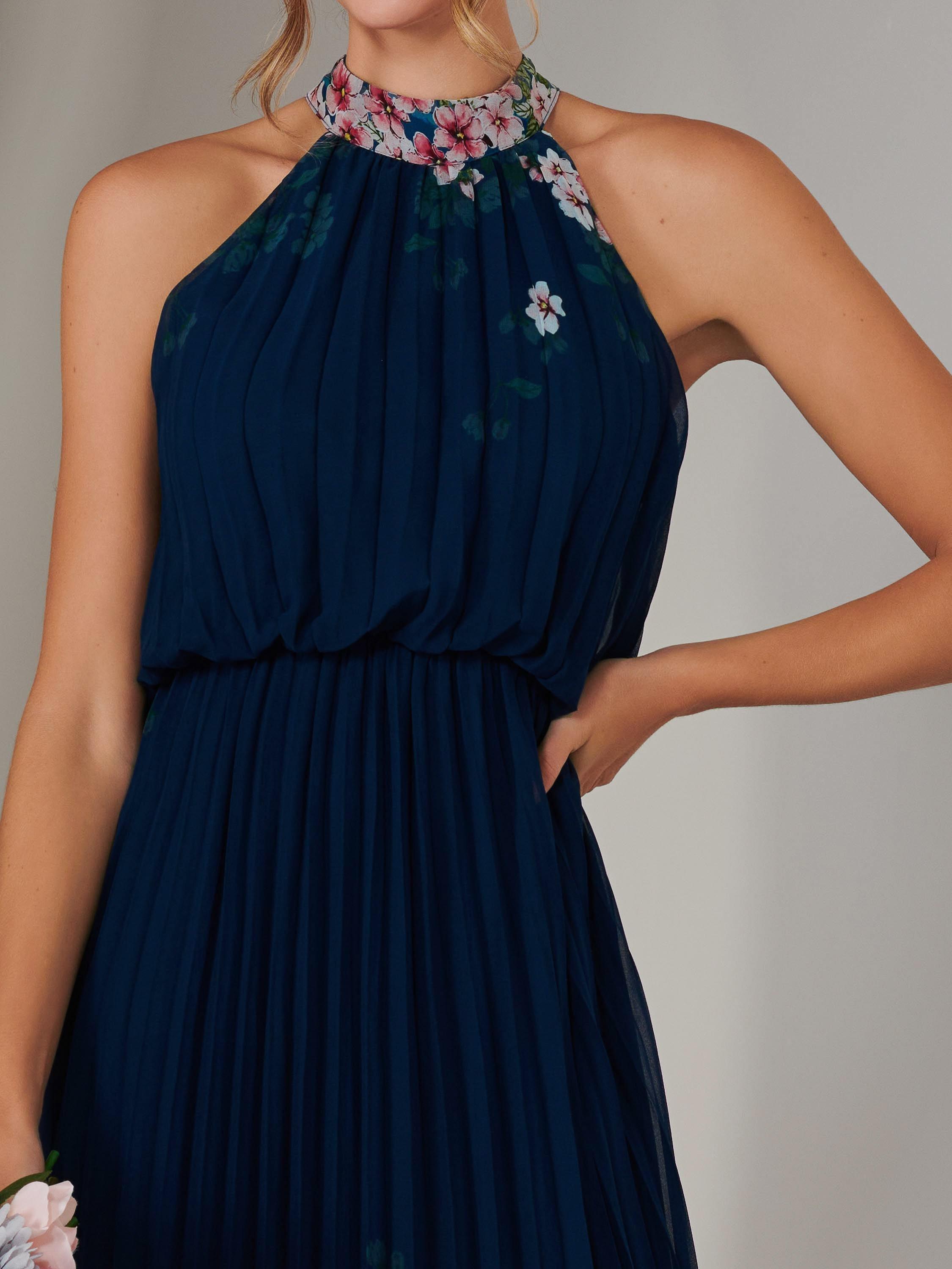 Product image 3 of 7, which shows Jolie Moi Pleated Halterneck Maxi Dress, Navy, 8