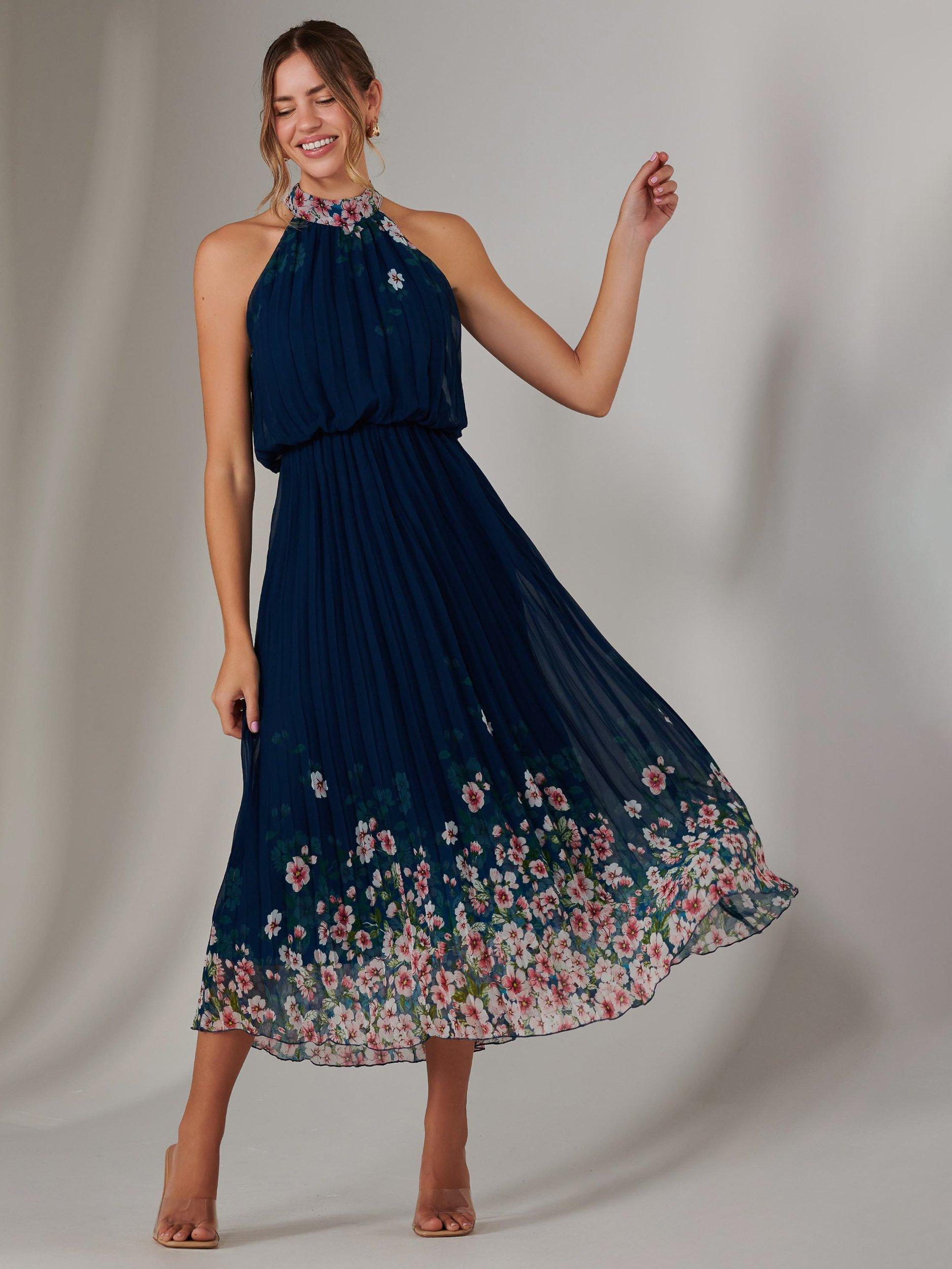 Product image 4 of 7, which shows Jolie Moi Pleated Halterneck Maxi Dress, Navy, 8