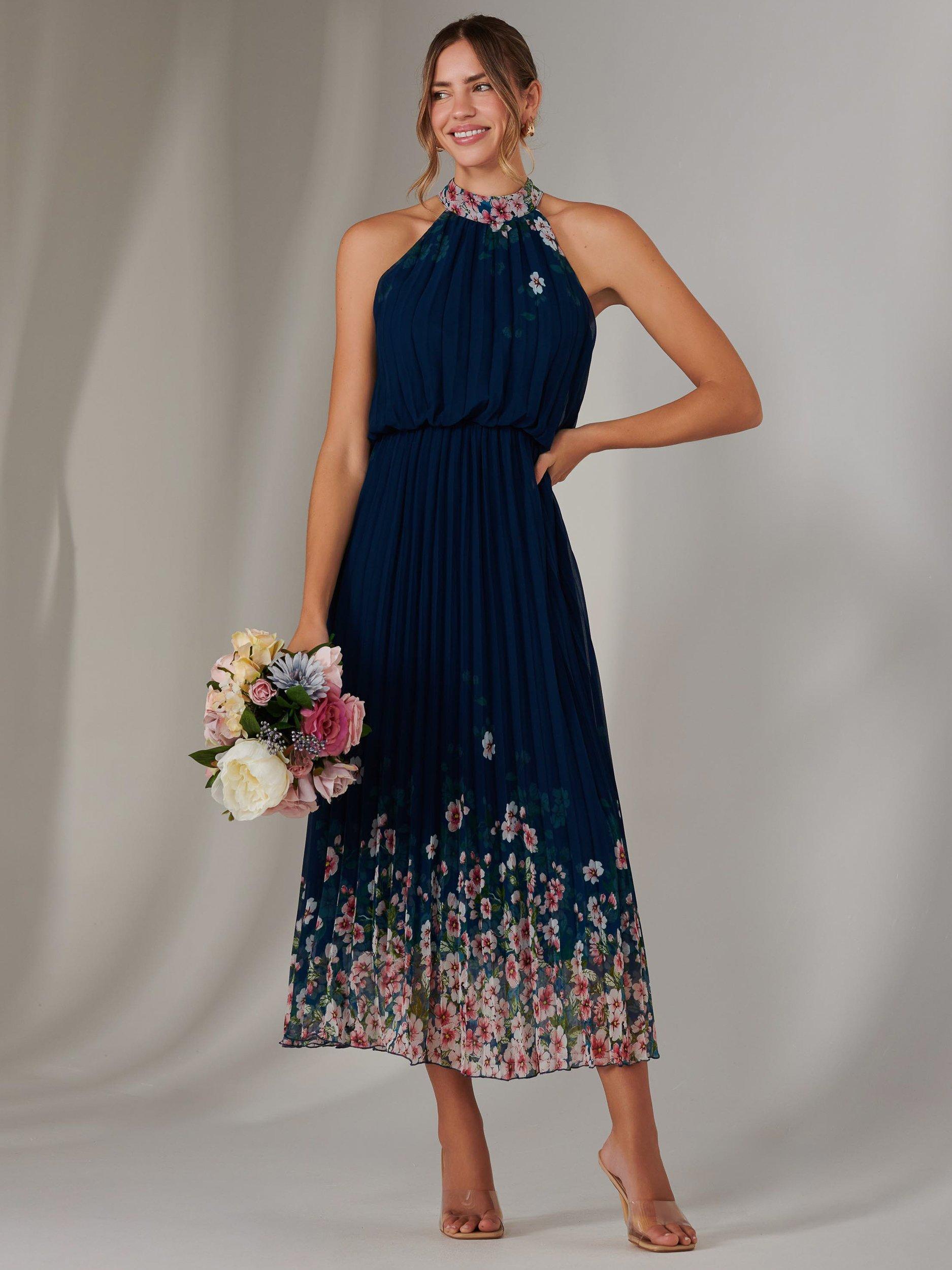 Product image 5 of 7, which shows Jolie Moi Pleated Halterneck Maxi Dress, Navy, 8