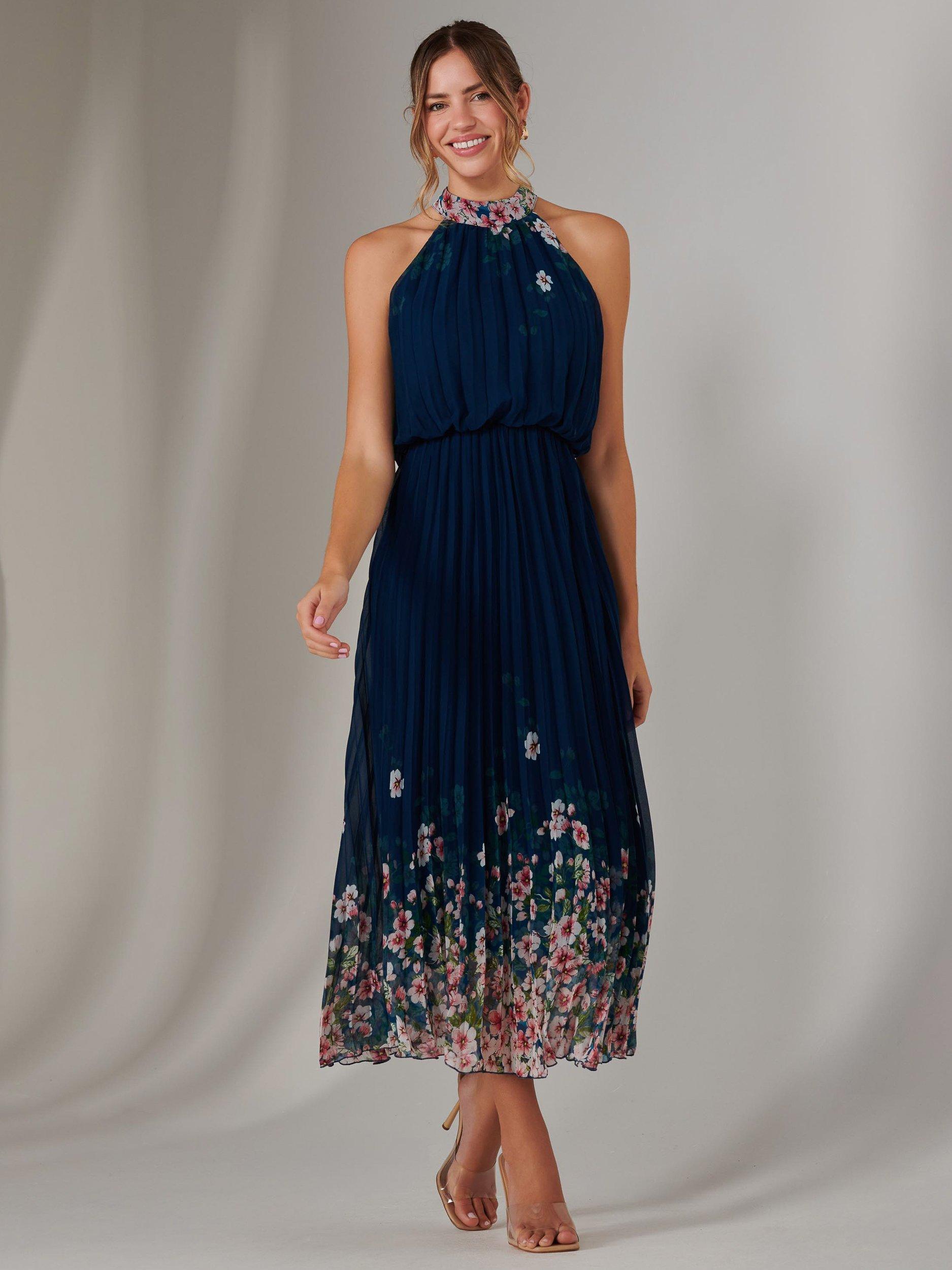 Product image 6 of 7, which shows Jolie Moi Pleated Halterneck Maxi Dress, Navy, 8