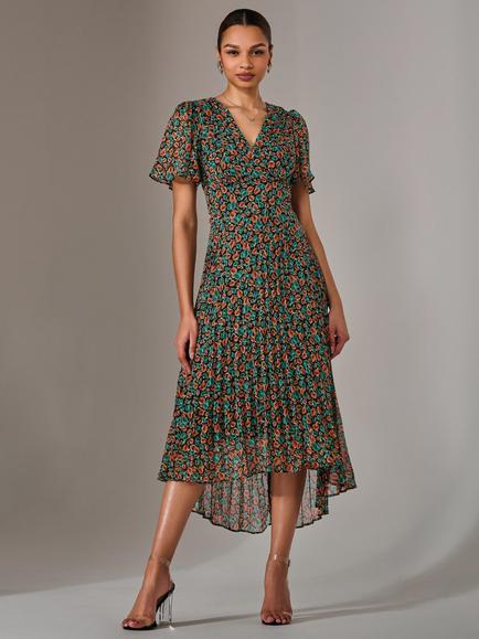 Jolie Moi Floral Pleated Midaxi Dress, Black/Multi, Black/Multi