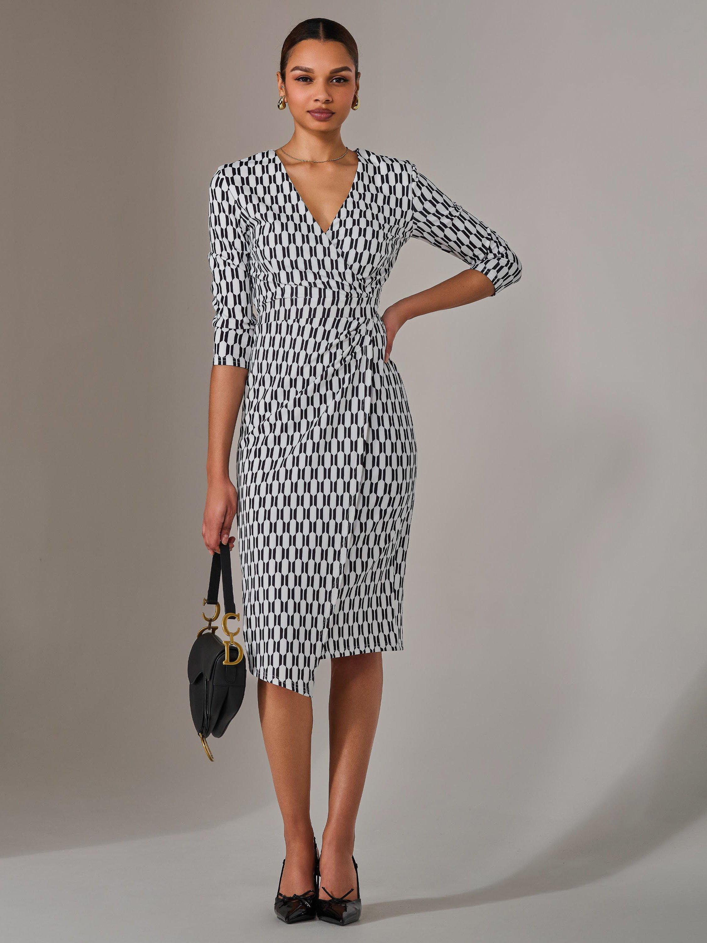Jolie Moi Geometric Wrap Shift Dress, White/Black