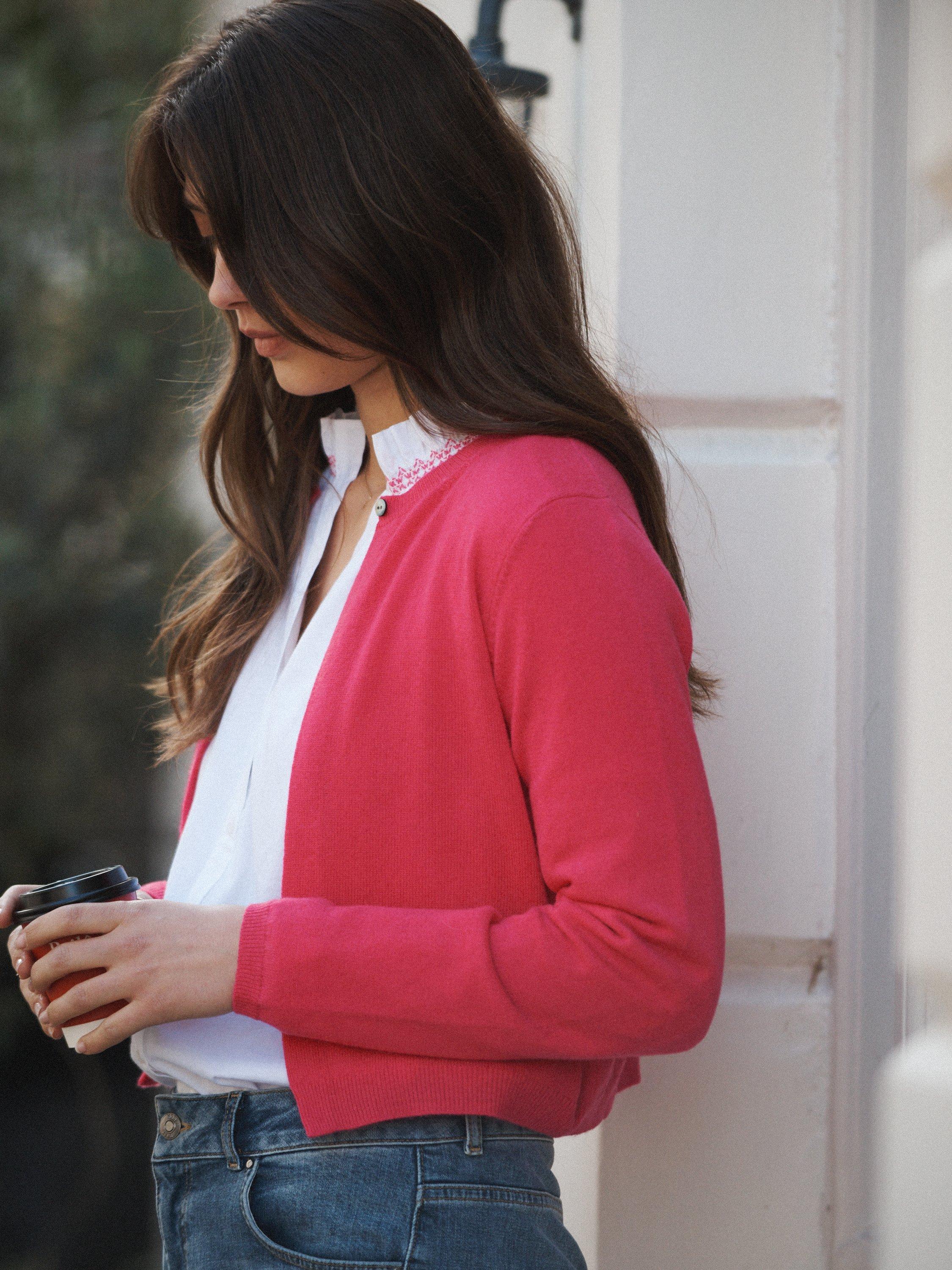 Product image 5 of 8, which shows NRBY Calypso Wool Rich Cardigan, Hot Rose, XS-S