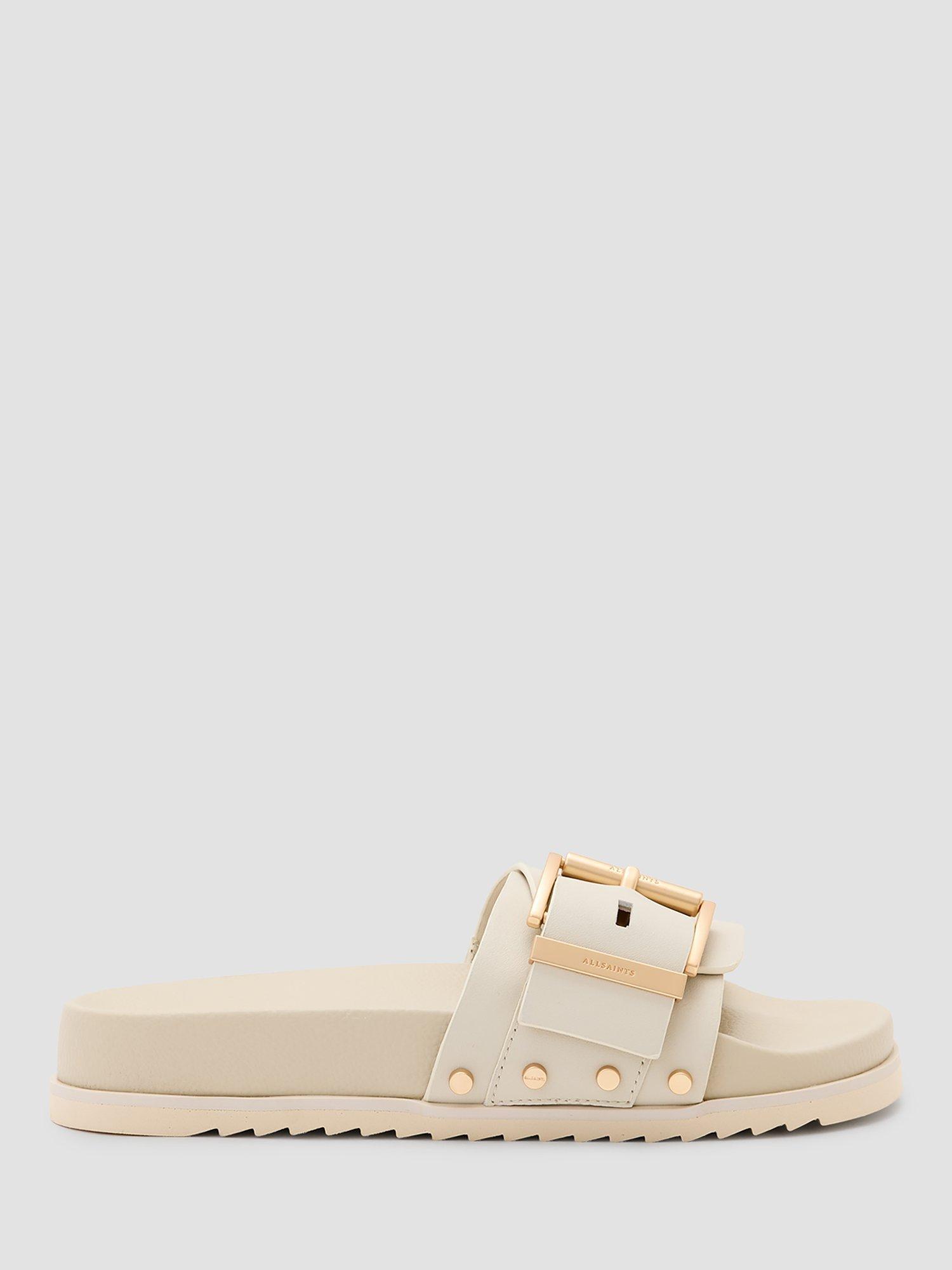 Product image 1 of 7, which shows AllSaints Ellie Leather Buckle Stud Sliders, Chalk White, EU37