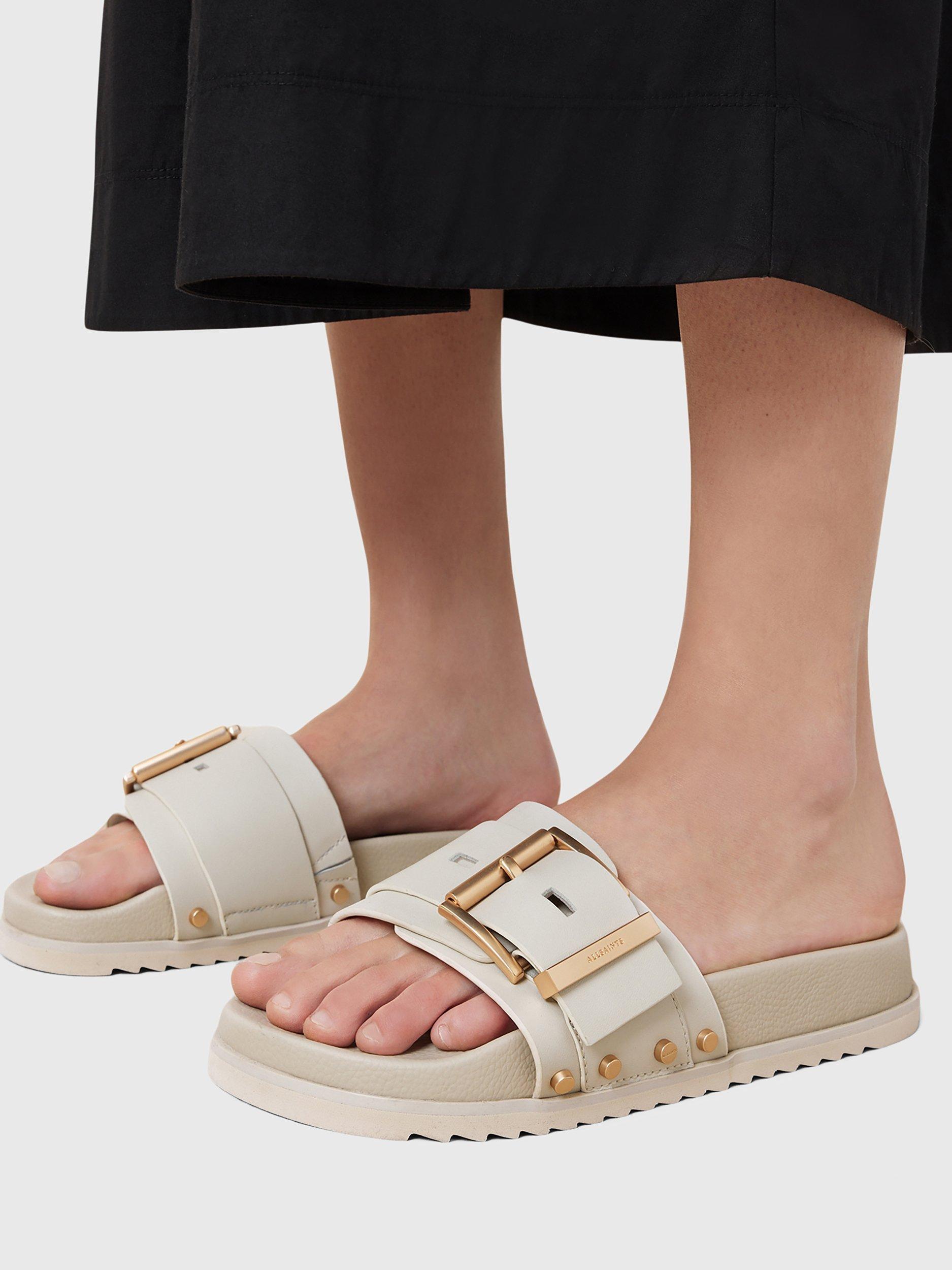 Product image 2 of 7, which shows AllSaints Ellie Leather Buckle Stud Sliders, Chalk White, EU37