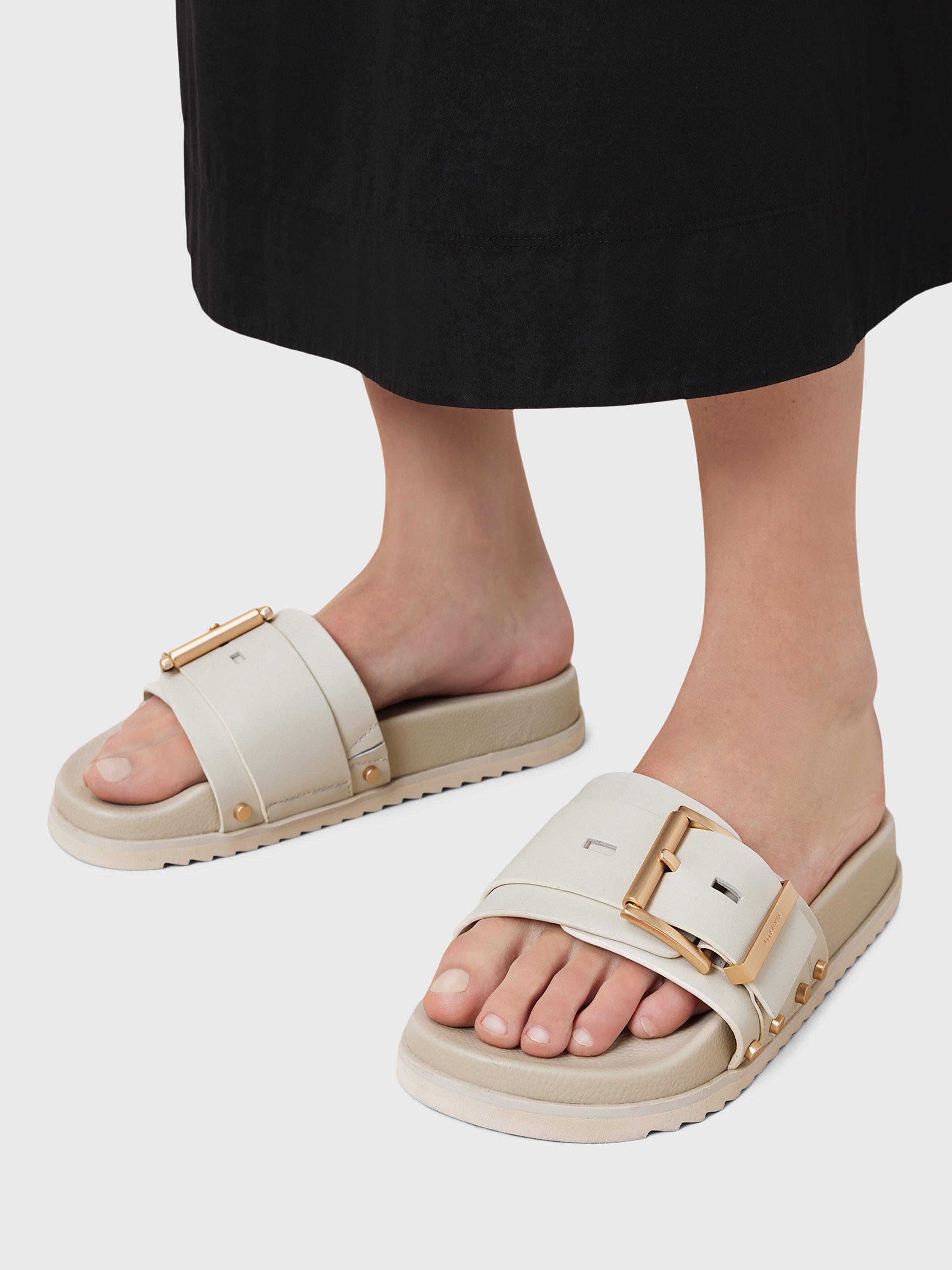 Product image 4 of 7, which shows AllSaints Ellie Leather Buckle Stud Sliders, Chalk White, EU37