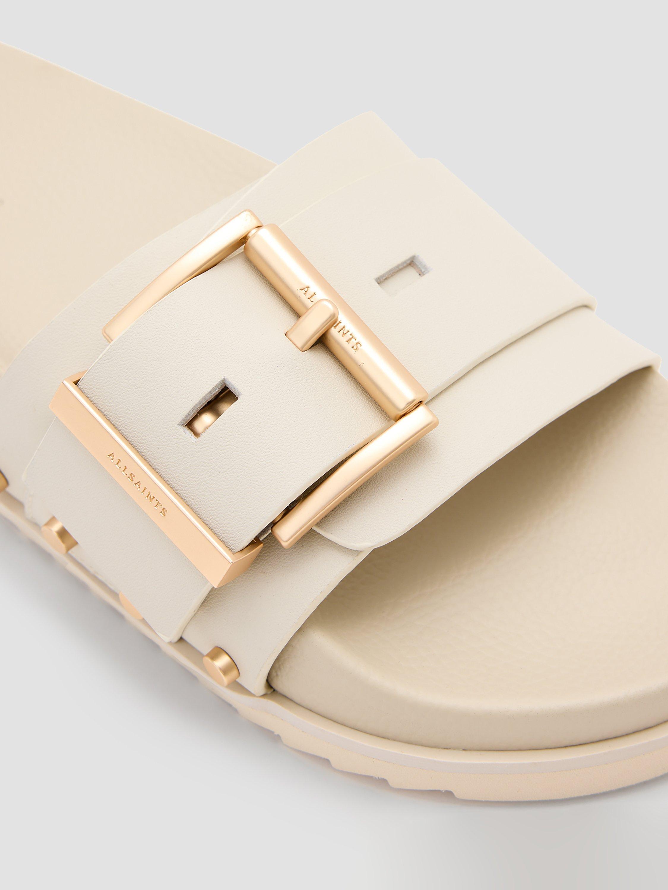 Product image 6 of 7, which shows AllSaints Ellie Leather Buckle Stud Sliders, Chalk White, EU37