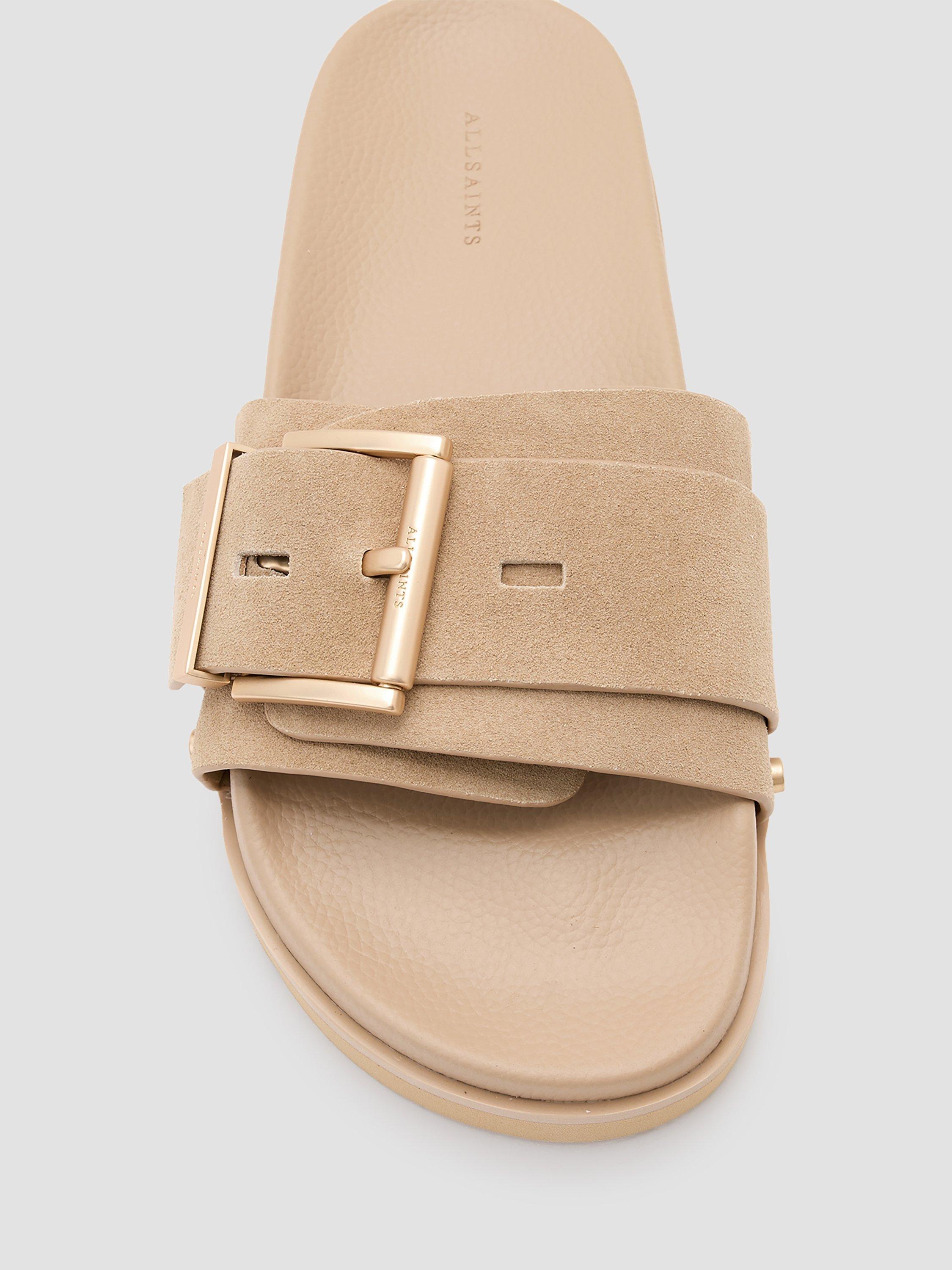 Product image 2 of 5, which shows AllSaints Ellie Suede Buckle Stud Sliders, Natural Sand, EU38