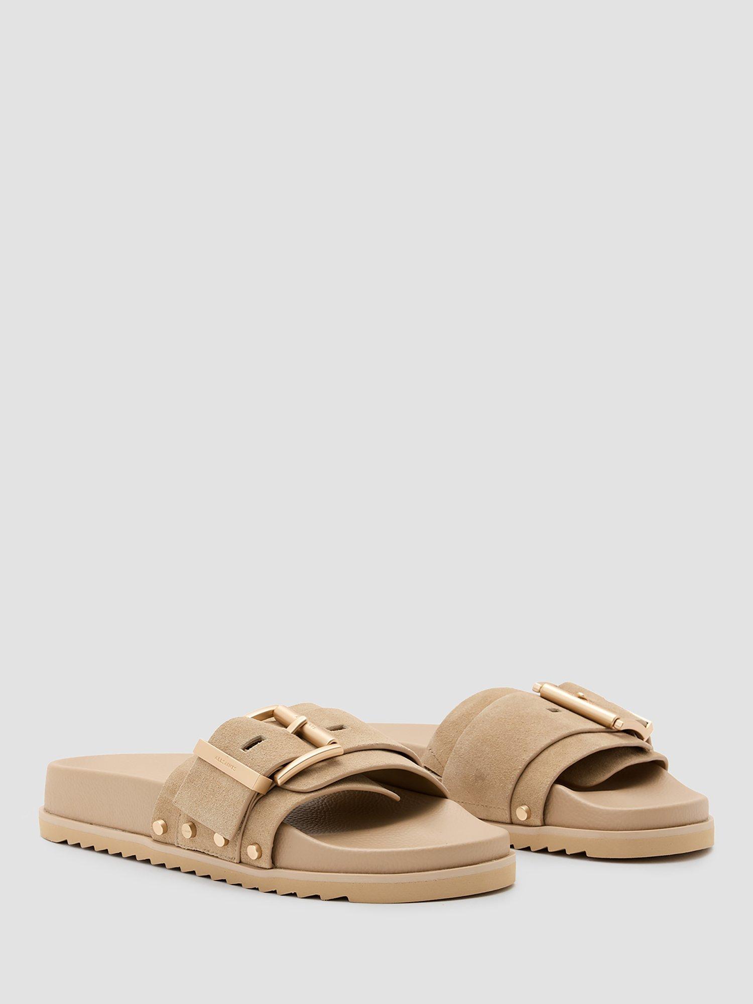 Product image 3 of 5, which shows AllSaints Ellie Suede Buckle Stud Sliders, Natural Sand, EU38