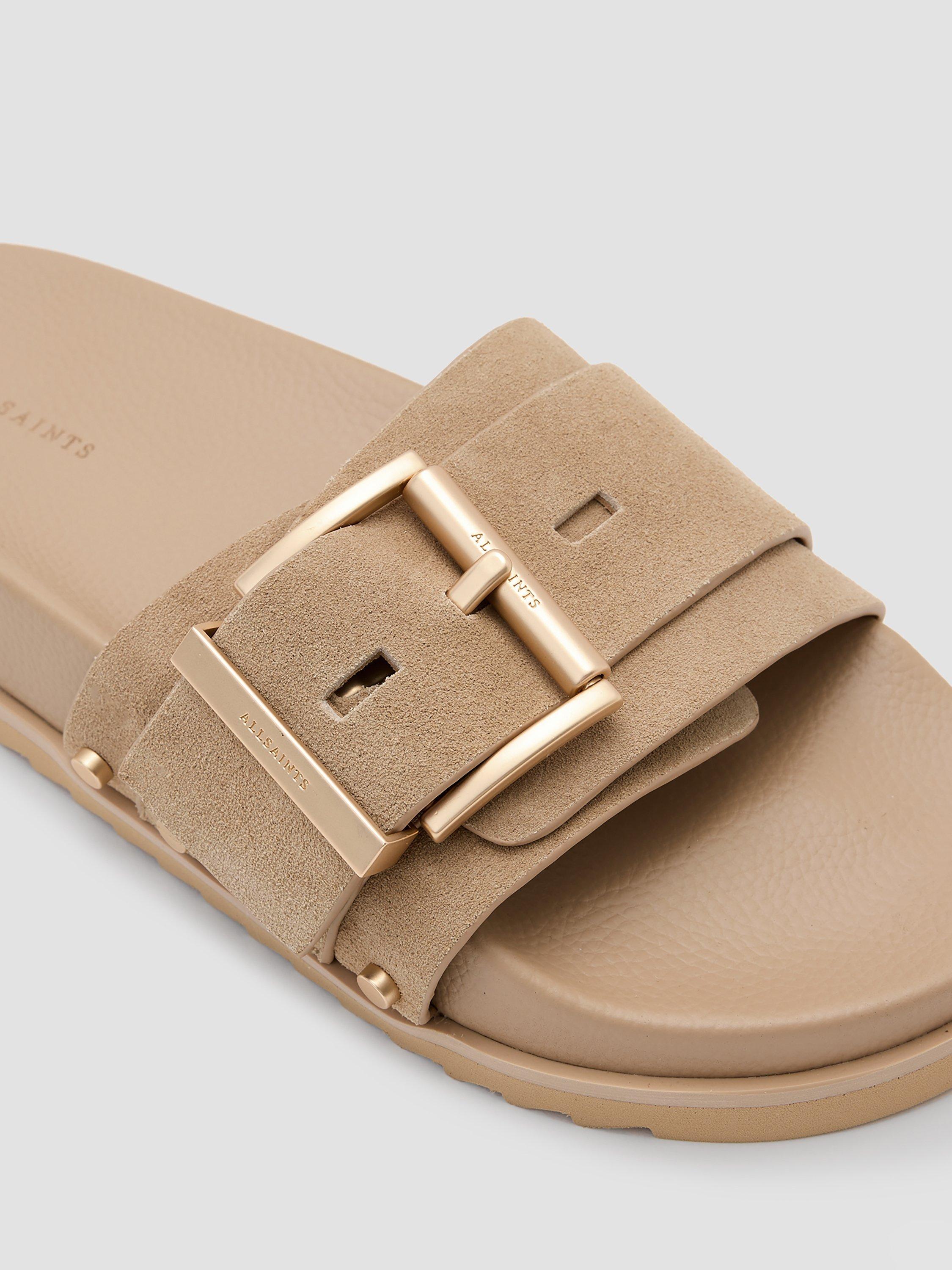 Product image 4 of 5, which shows AllSaints Ellie Suede Buckle Stud Sliders, Natural Sand, EU38