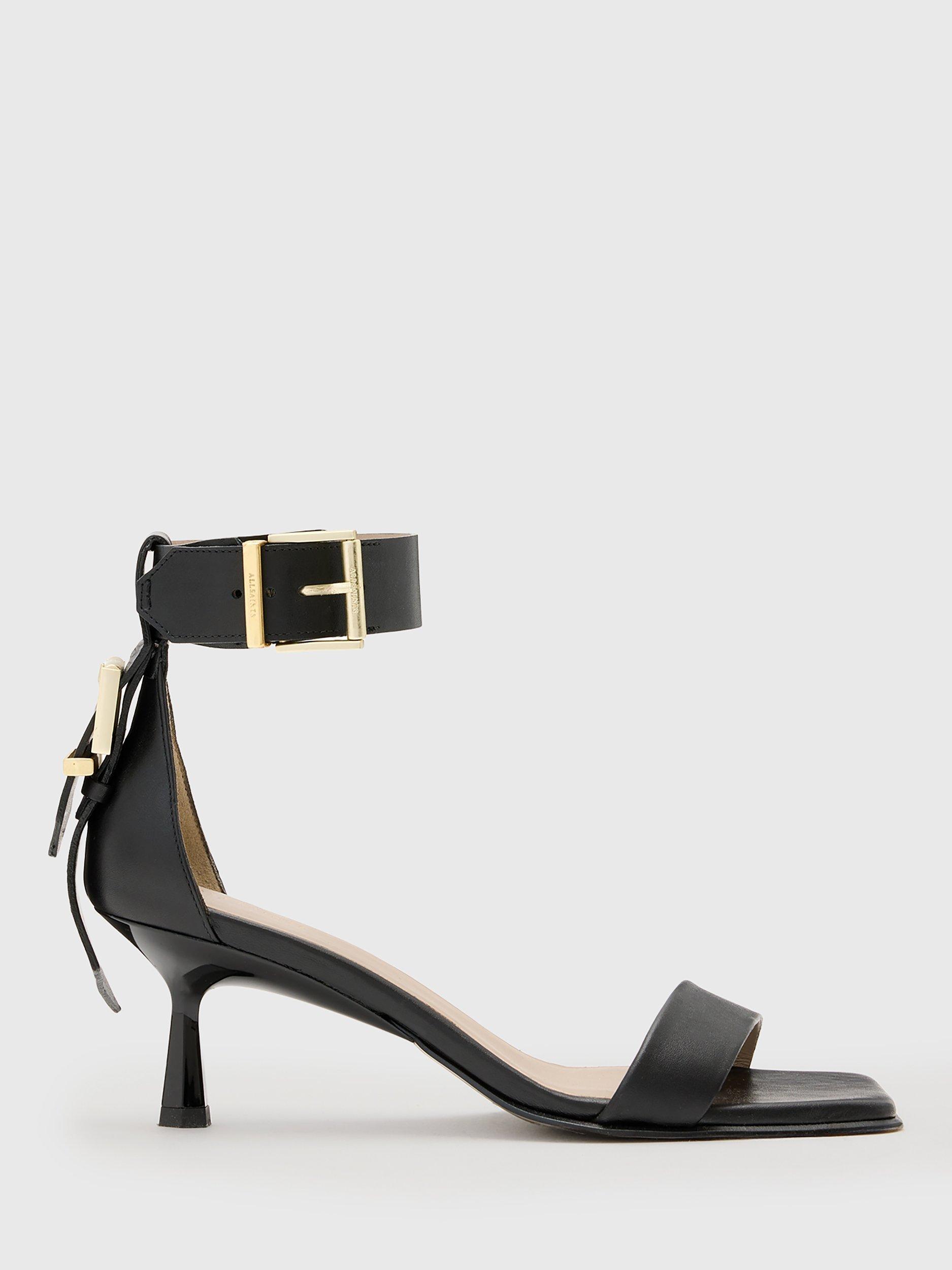 Product image 1 of 6, which shows AllSaints Noir Leather Heeled Sandals, Black, EU37