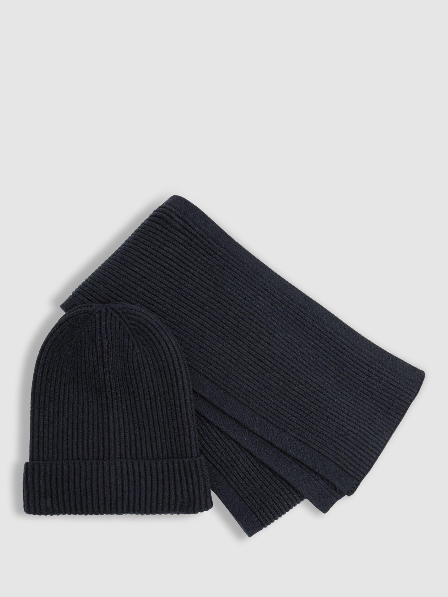 Product image 1 of 4, which shows Reiss Kids' Chesterfield Ribbed Hat and Scarf Set, Navy, 3-6 years