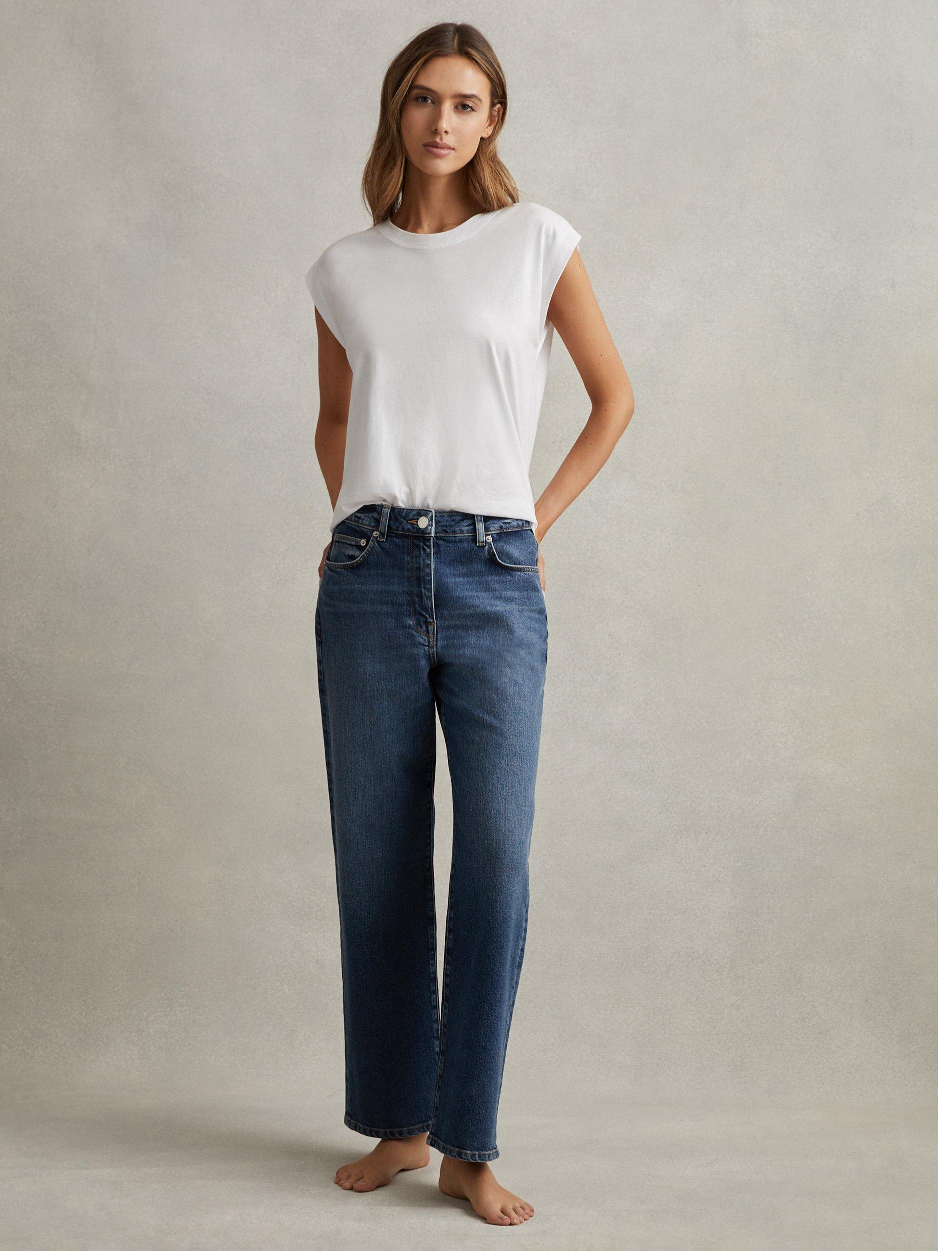 Product image 2 of 5, which shows Reiss Petite Selin Mid Rise Jeans, Mid Blue, 25