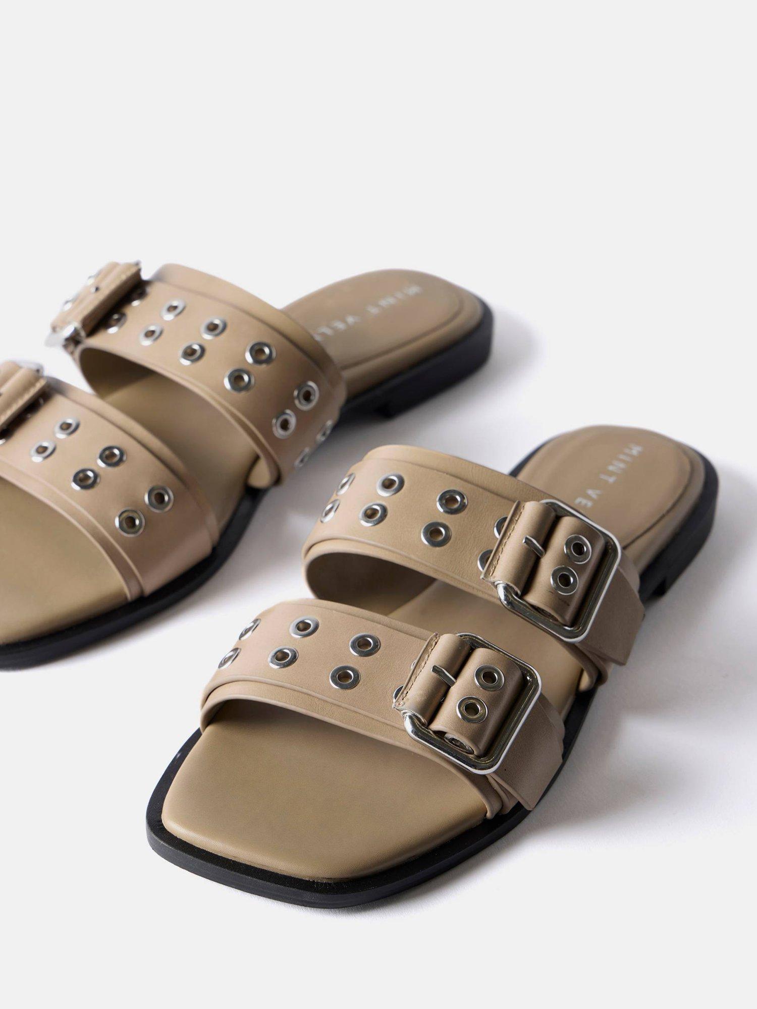 Product image 2 of 4, which shows Mint Velvet Leather Double Strap Buckle Sandals, Natural Taupe, 5
