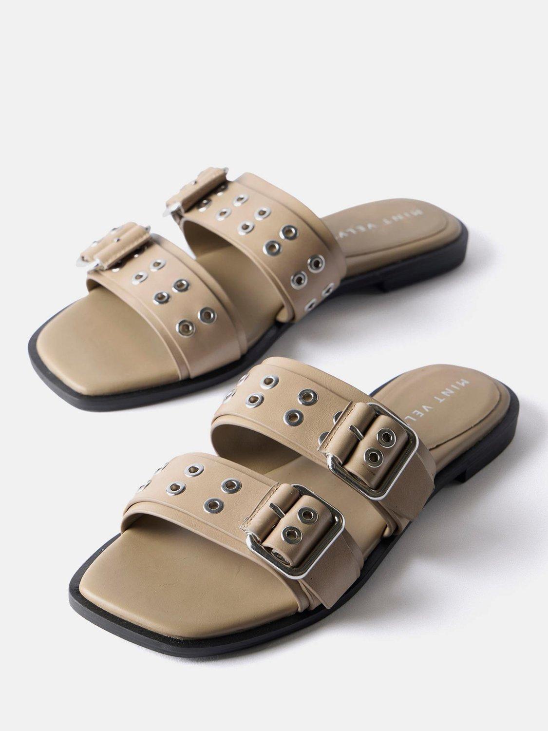 Product image 3 of 4, which shows Mint Velvet Leather Double Strap Buckle Sandals, Natural Taupe, 5