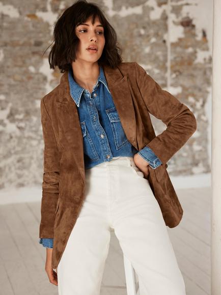 Mint Velvet Single Breasted Pure Suede Blazer, Tan, Tan