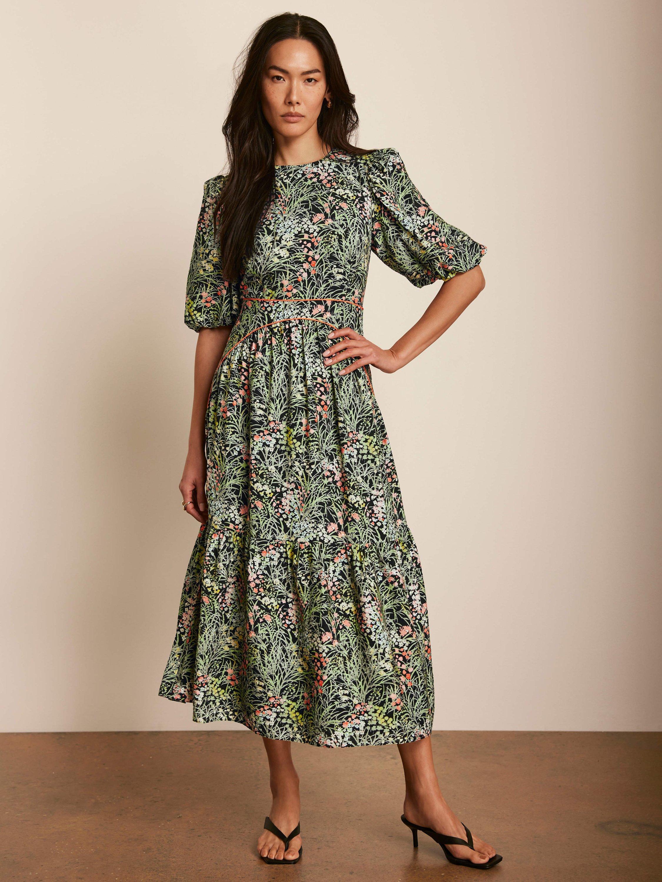 Product image 1 of 8, which shows Mint Velvet Floral Puff Sleeve Midi Dress, Green/Multi, 8