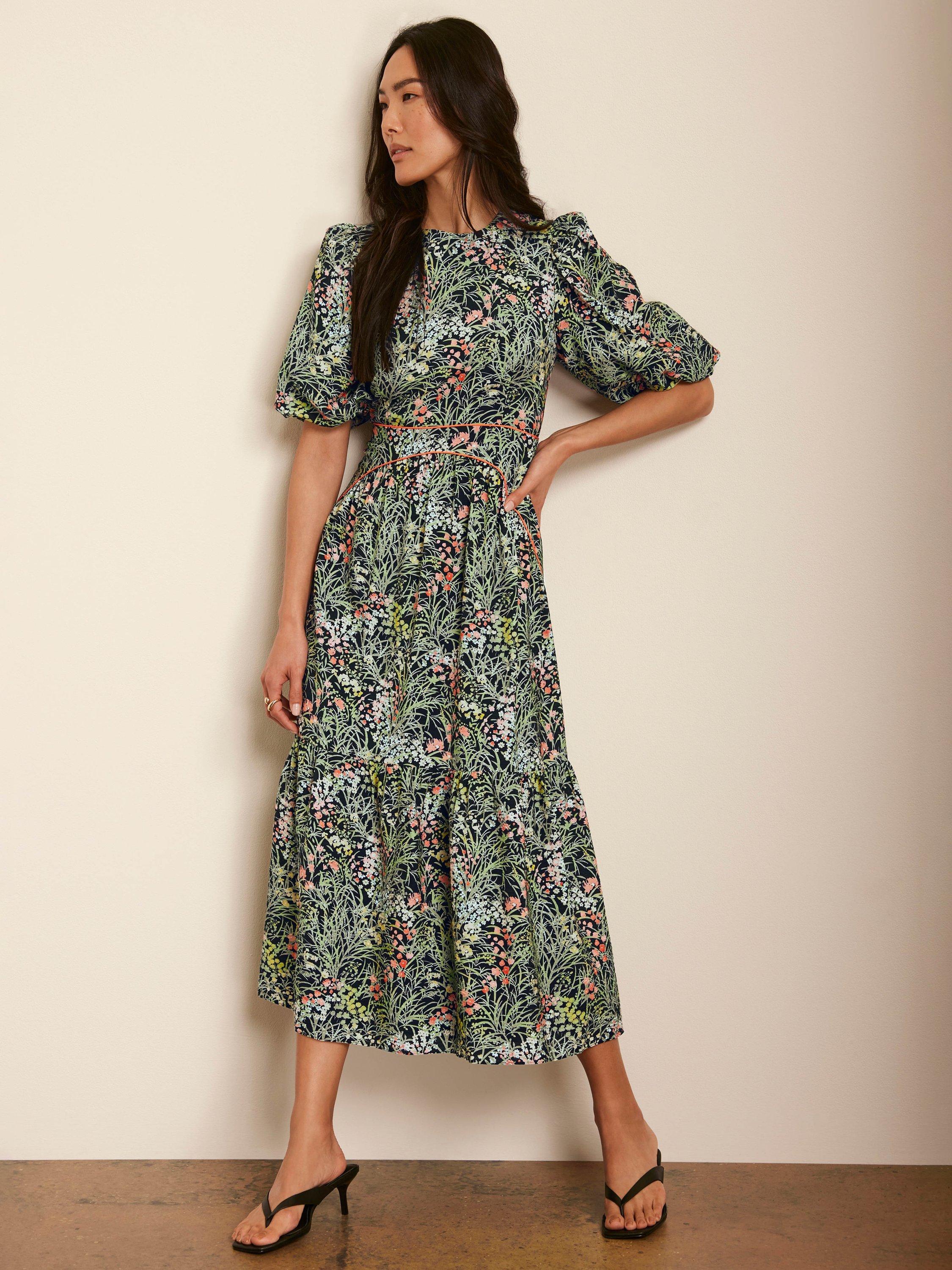 Product image 2 of 8, which shows Mint Velvet Floral Puff Sleeve Midi Dress, Green/Multi, 8