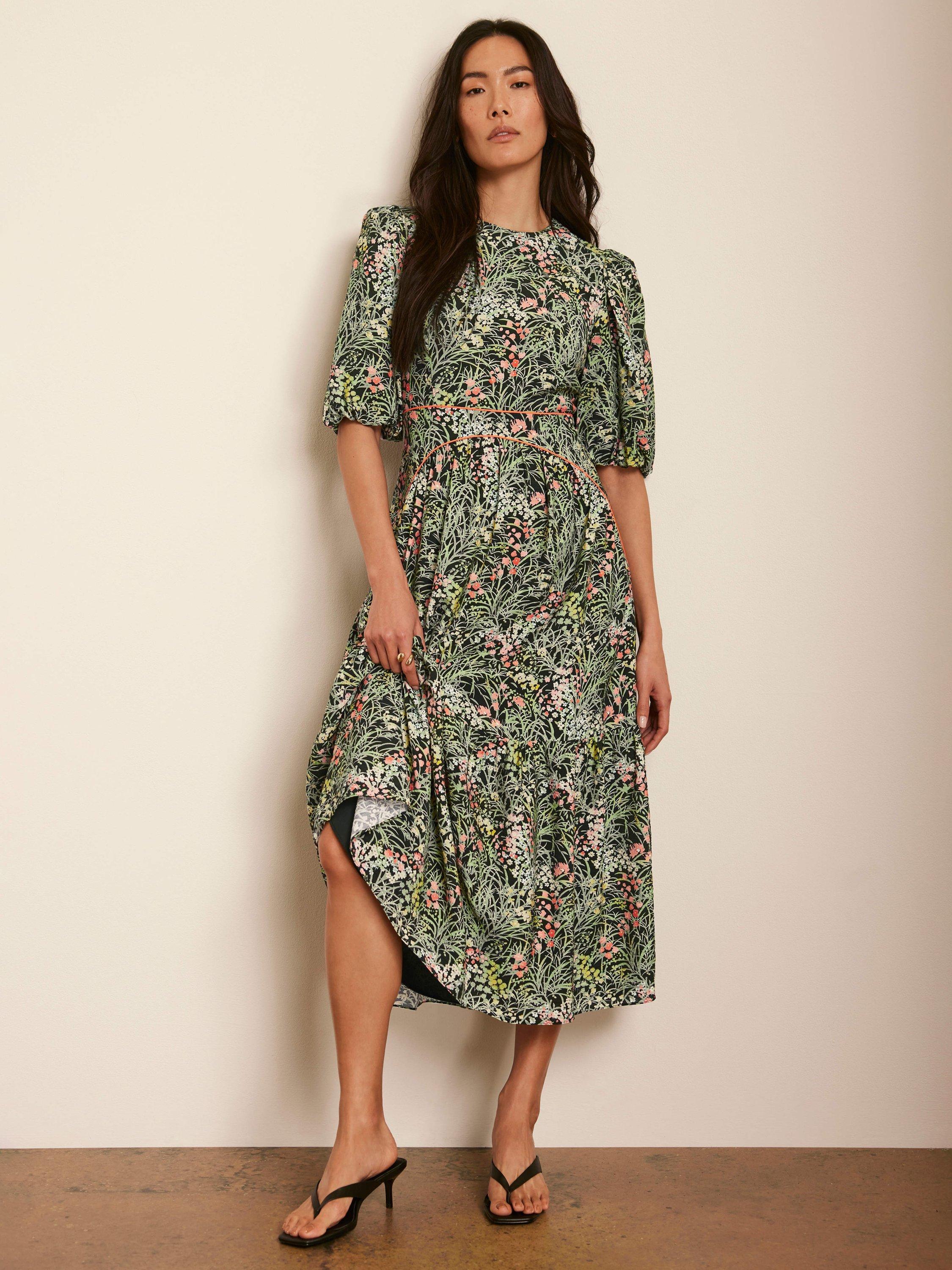 Product image 3 of 8, which shows Mint Velvet Floral Puff Sleeve Midi Dress, Green/Multi, 8