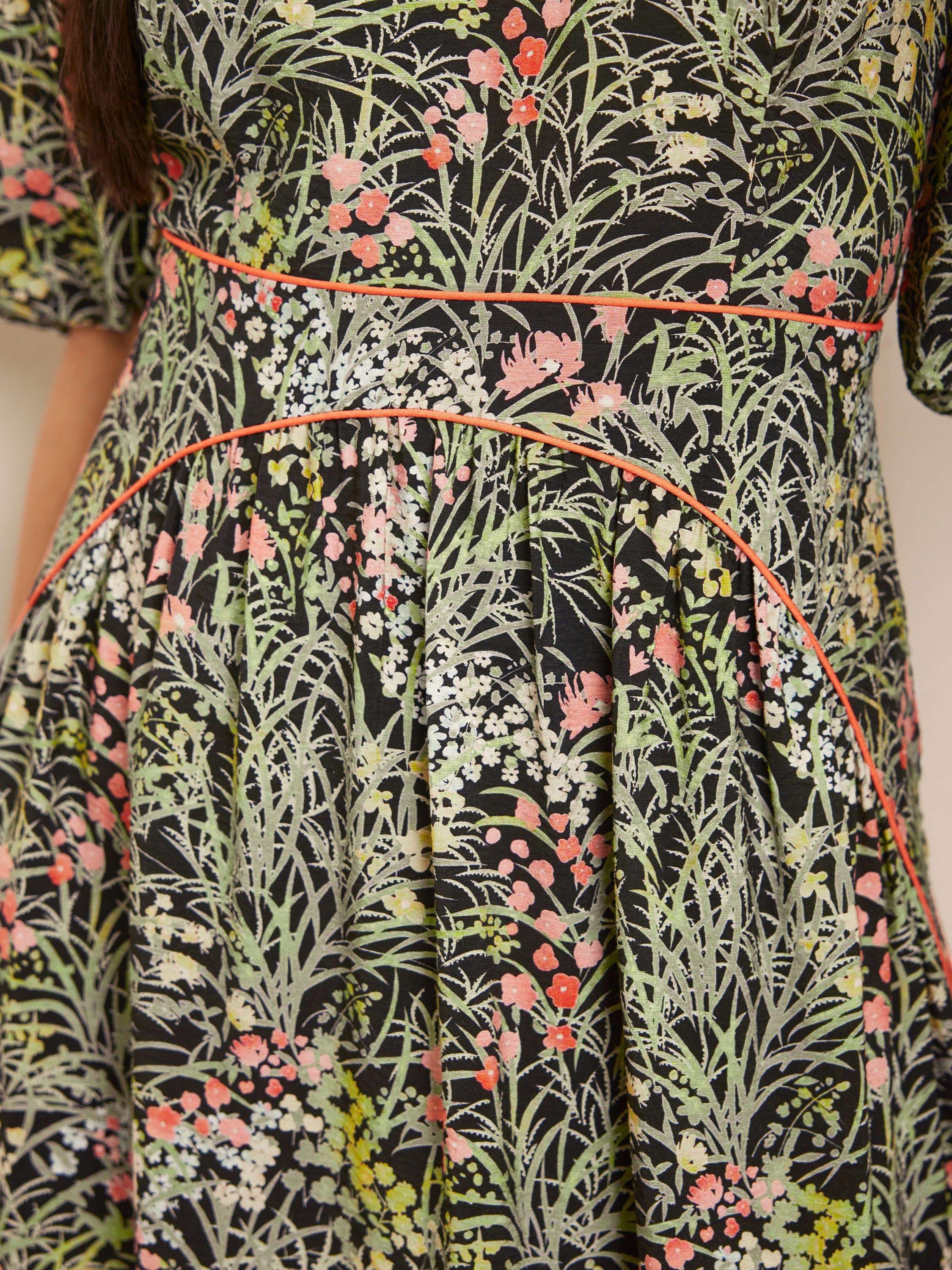 Product image 4 of 8, which shows Mint Velvet Floral Puff Sleeve Midi Dress, Green/Multi, 8