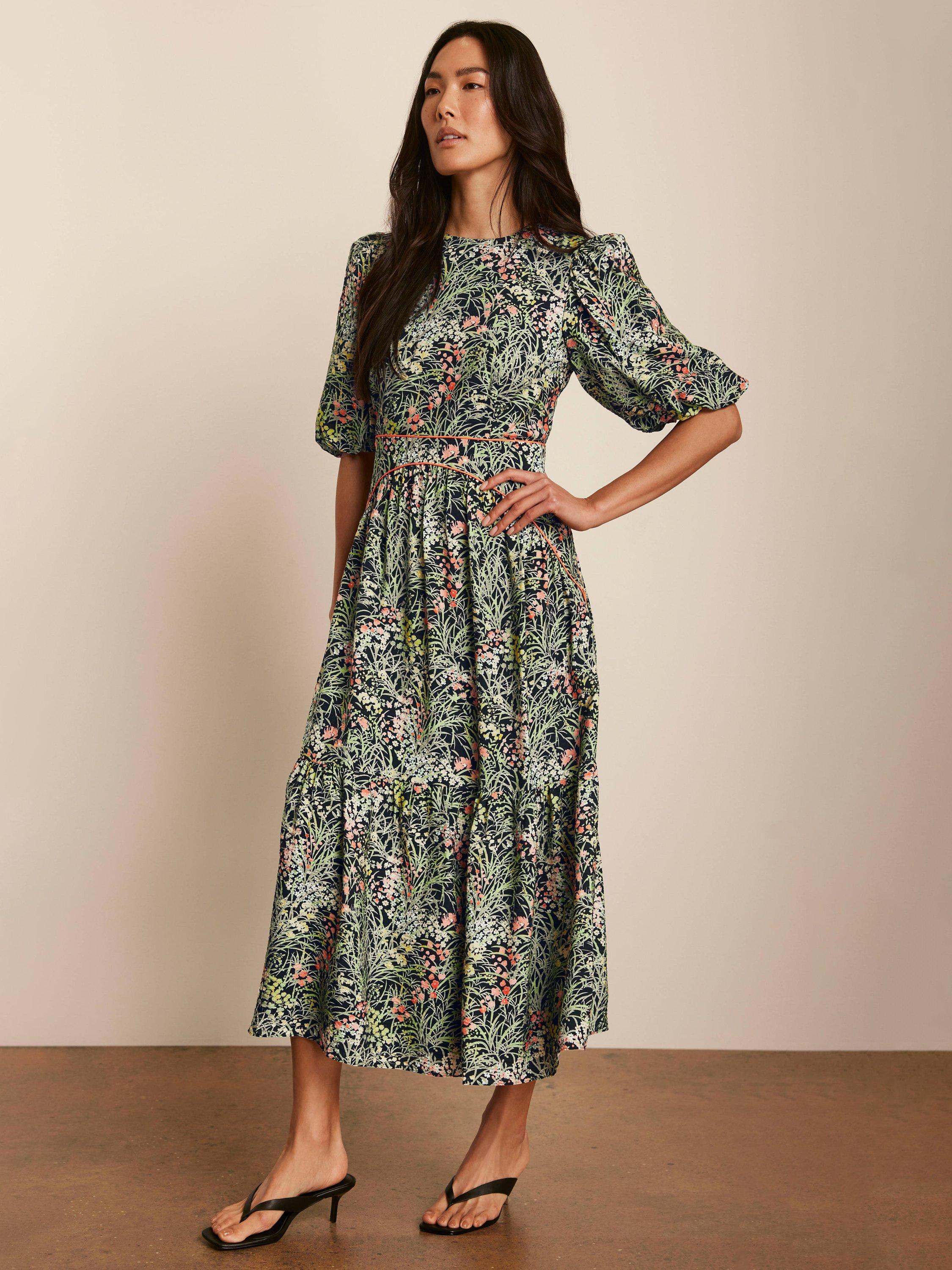 Product image 6 of 8, which shows Mint Velvet Floral Puff Sleeve Midi Dress, Green/Multi, 8