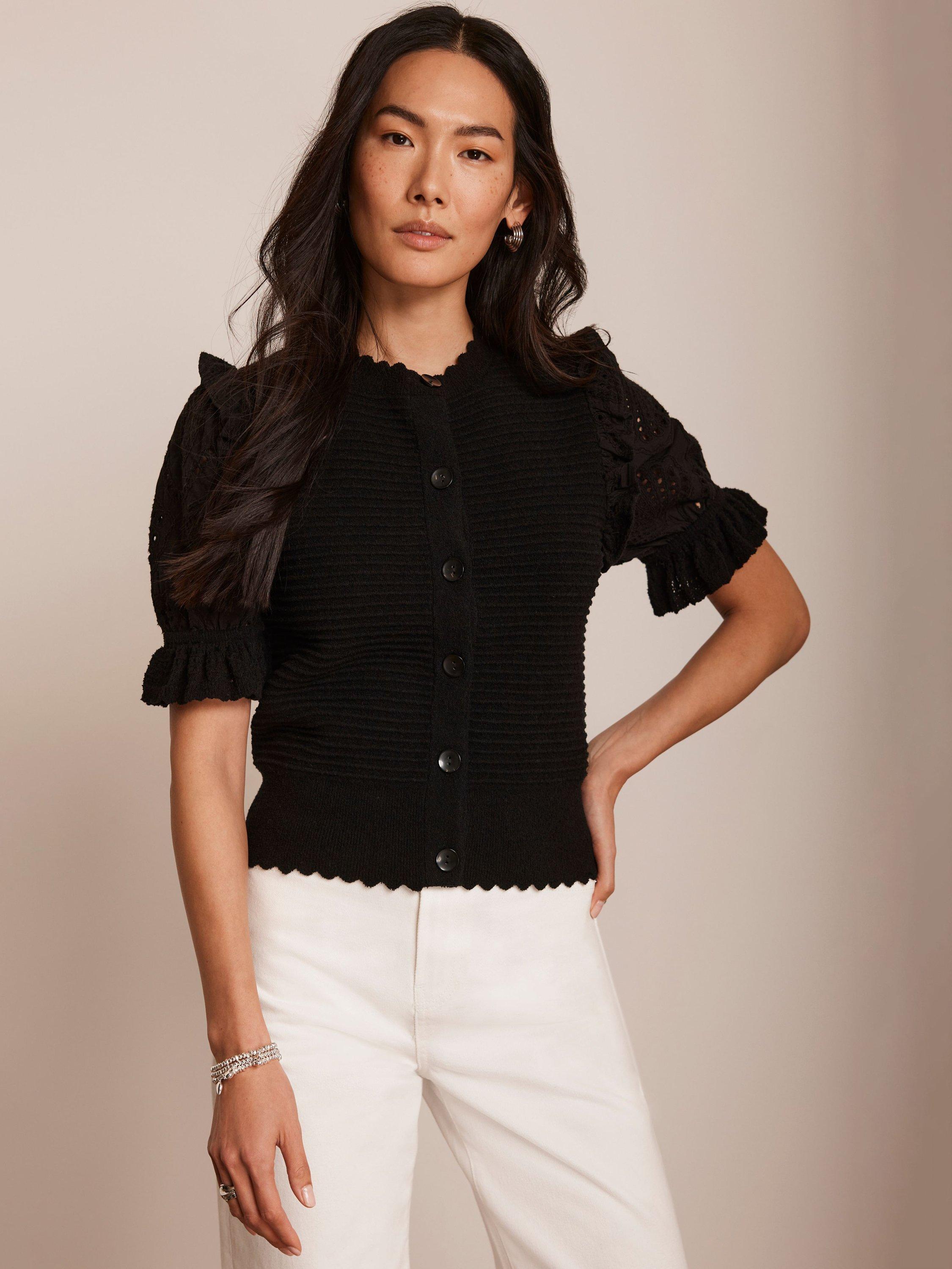Mint Velvet Ribbed Scallop Trim Cardigan, Black