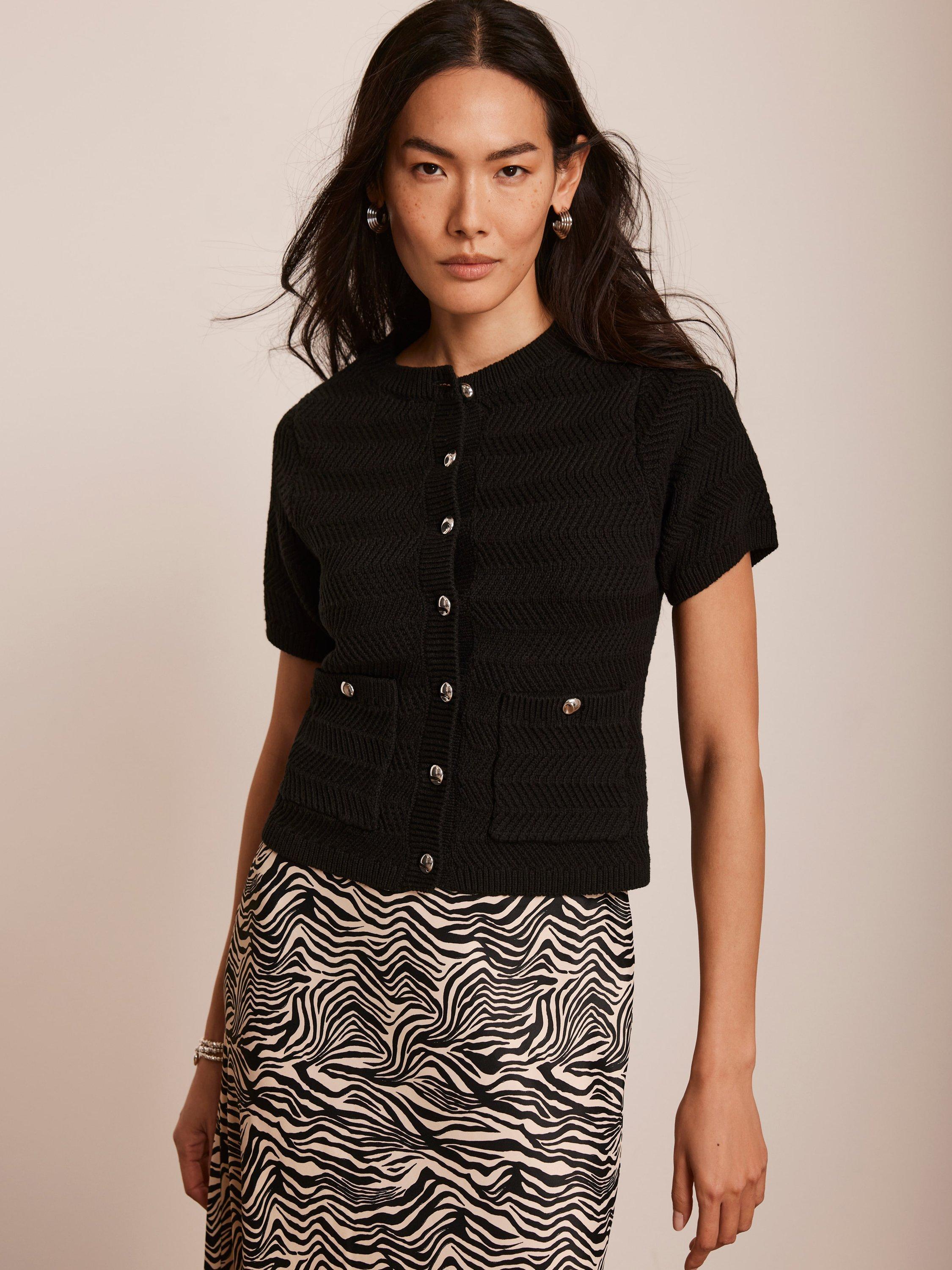 Mint Velvet Textured Pockets Short Sleeve Cardigan, Black