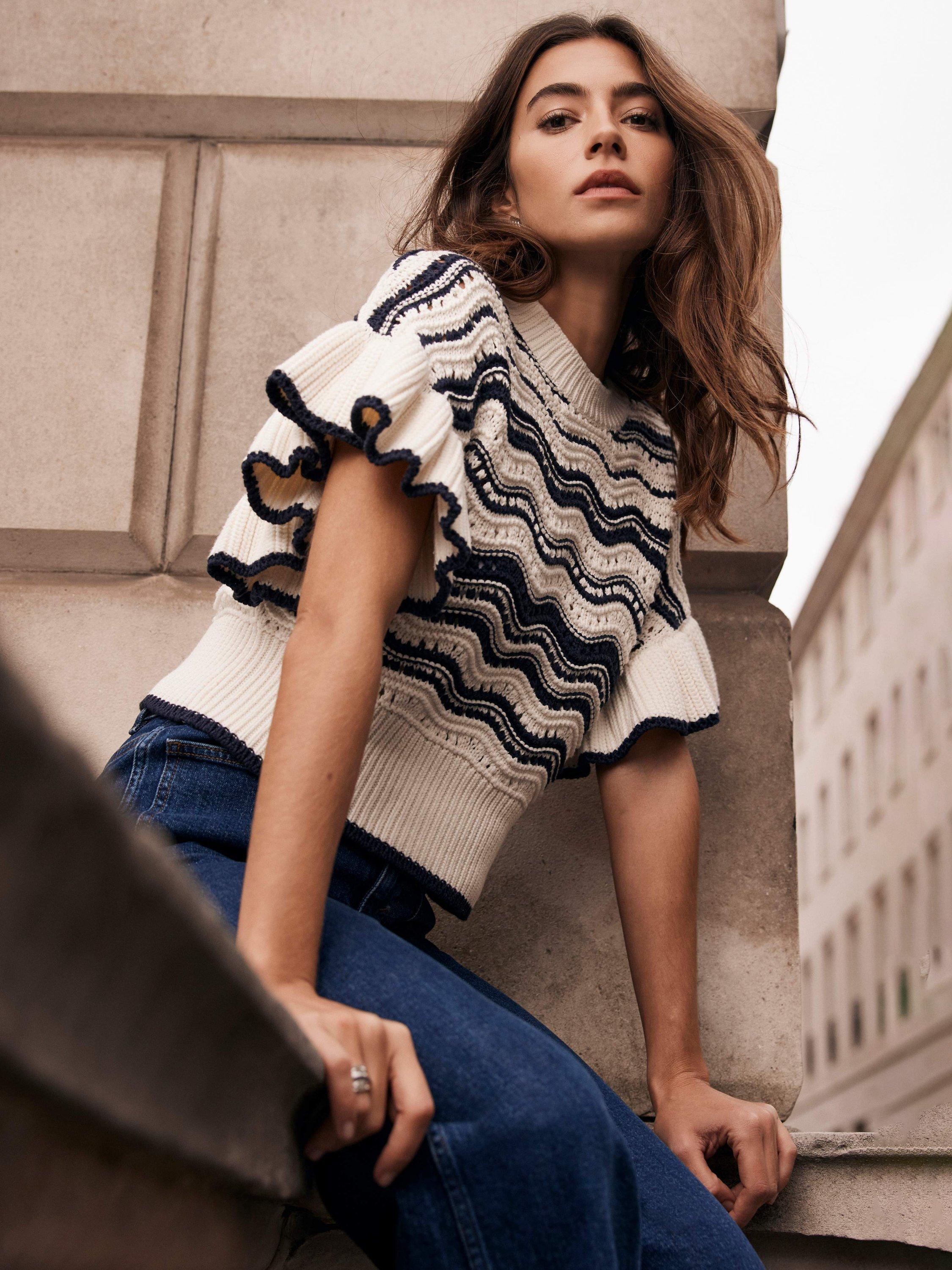 Product image 1 of 7, which shows Mint Velvet Wavy Stripe Knit Top, Ivory/Black, XS