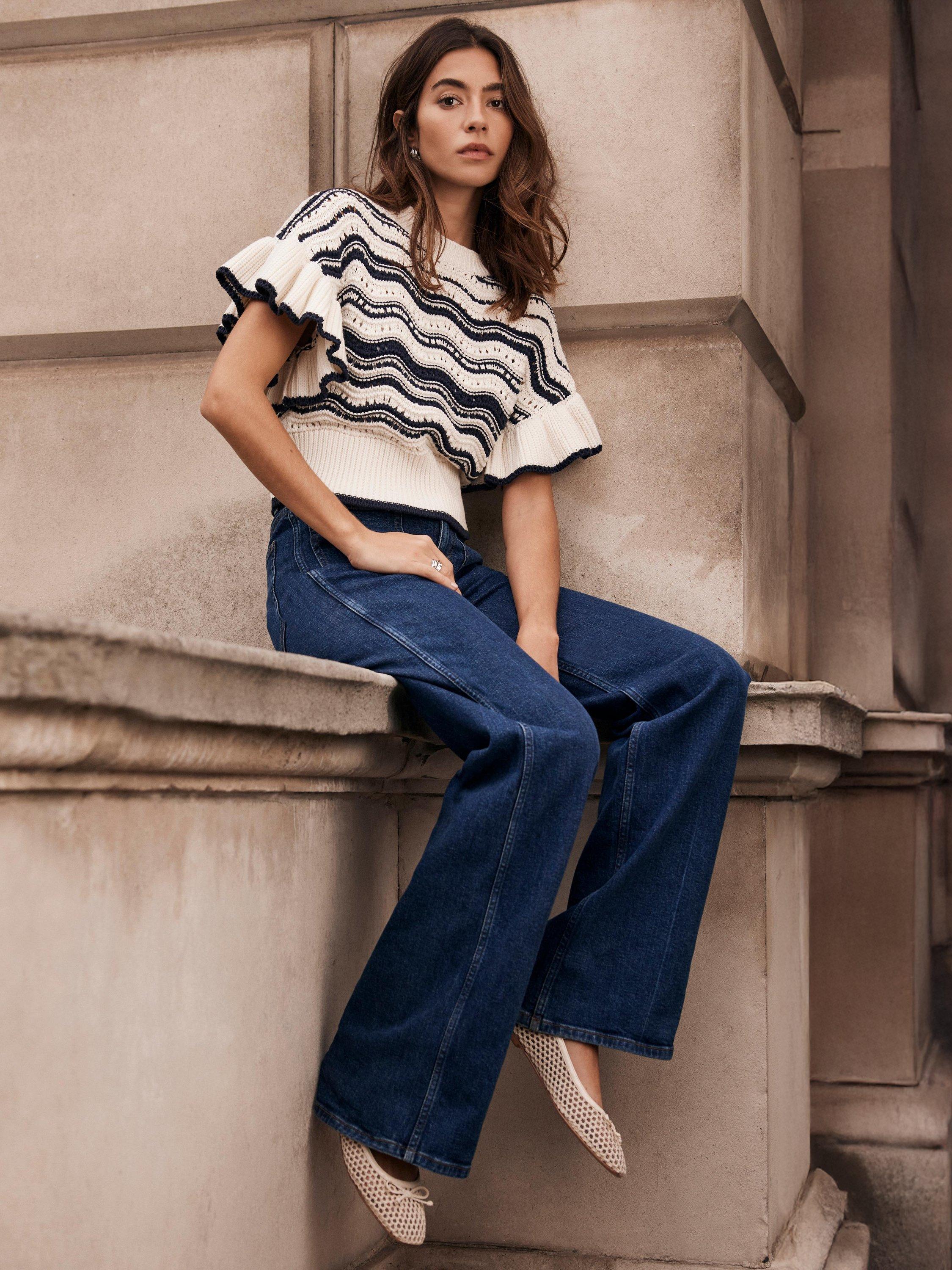 Product image 2 of 7, which shows Mint Velvet Wavy Stripe Knit Top, Ivory/Black, XS