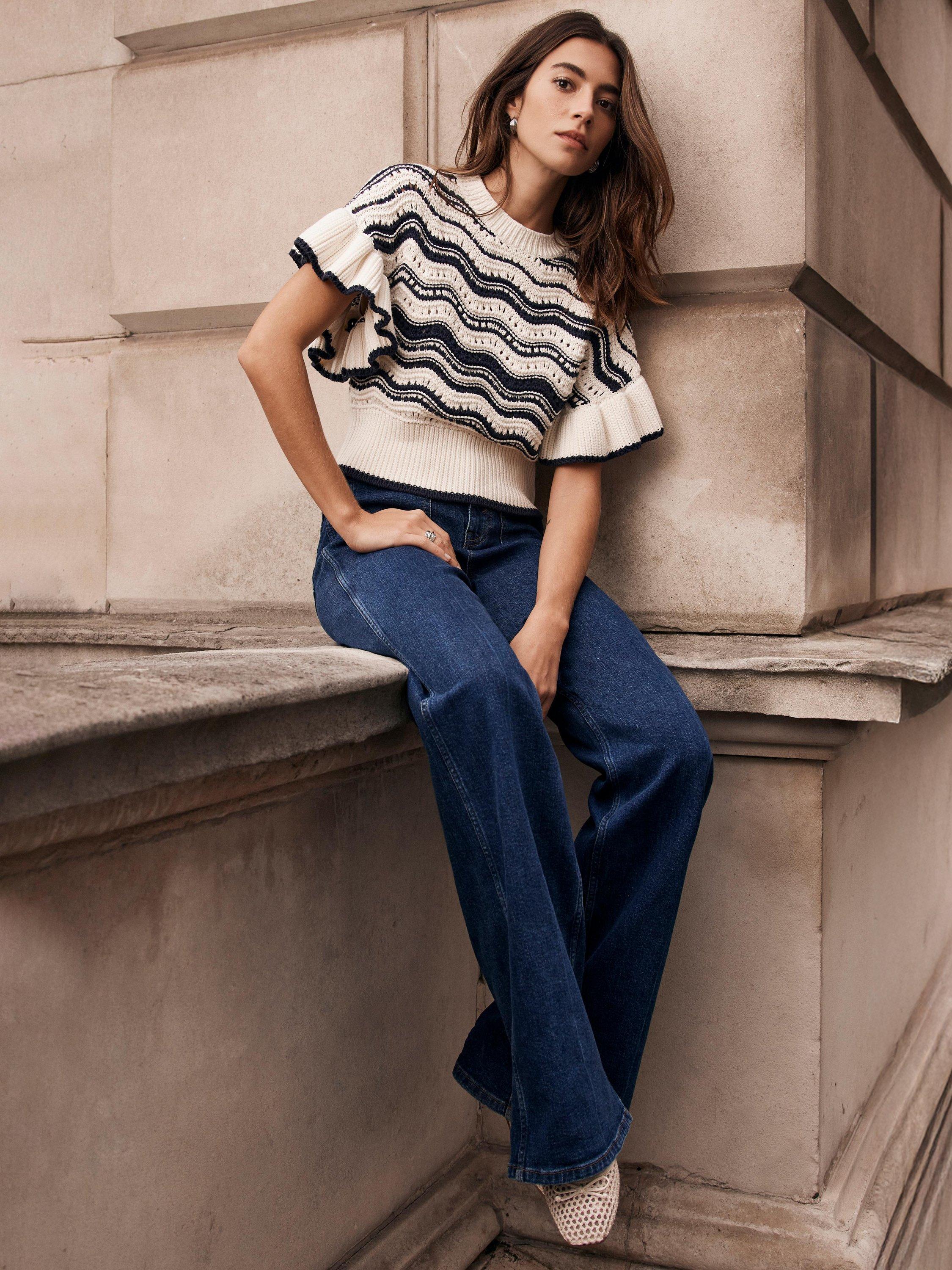 Product image 4 of 7, which shows Mint Velvet Wavy Stripe Knit Top, Ivory/Black, XS