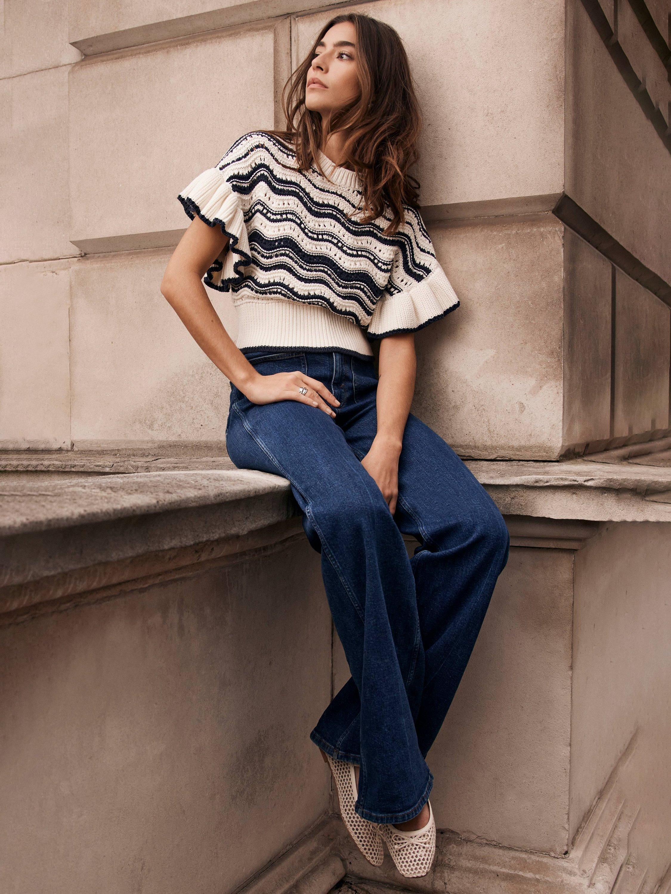 Product image 5 of 7, which shows Mint Velvet Wavy Stripe Knit Top, Ivory/Black, XS