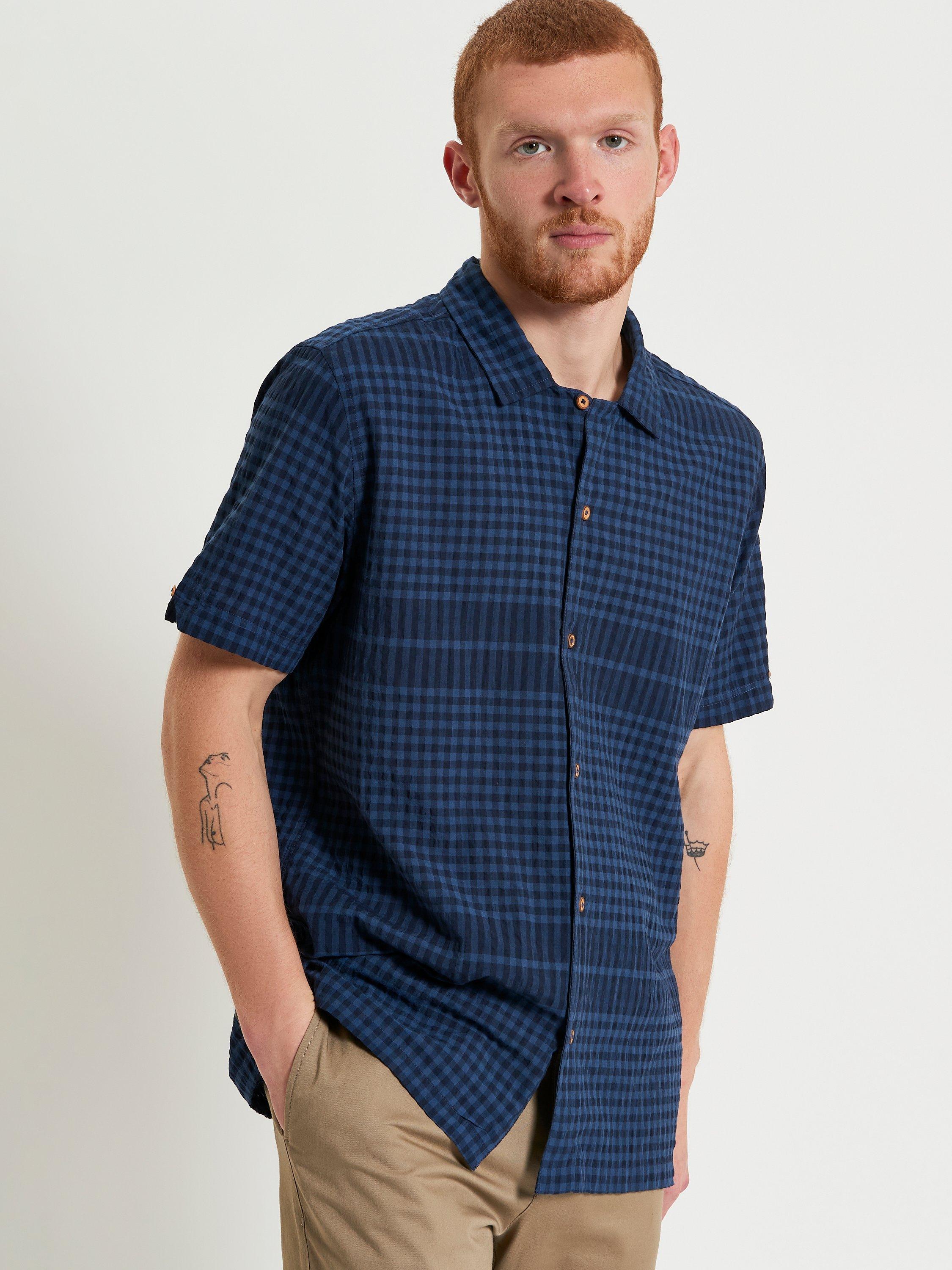 Product image 1 of 5, which shows Ben Sherman Cotton Blend Regular Fit Seersucker Check Shirt, Dark Navy, S