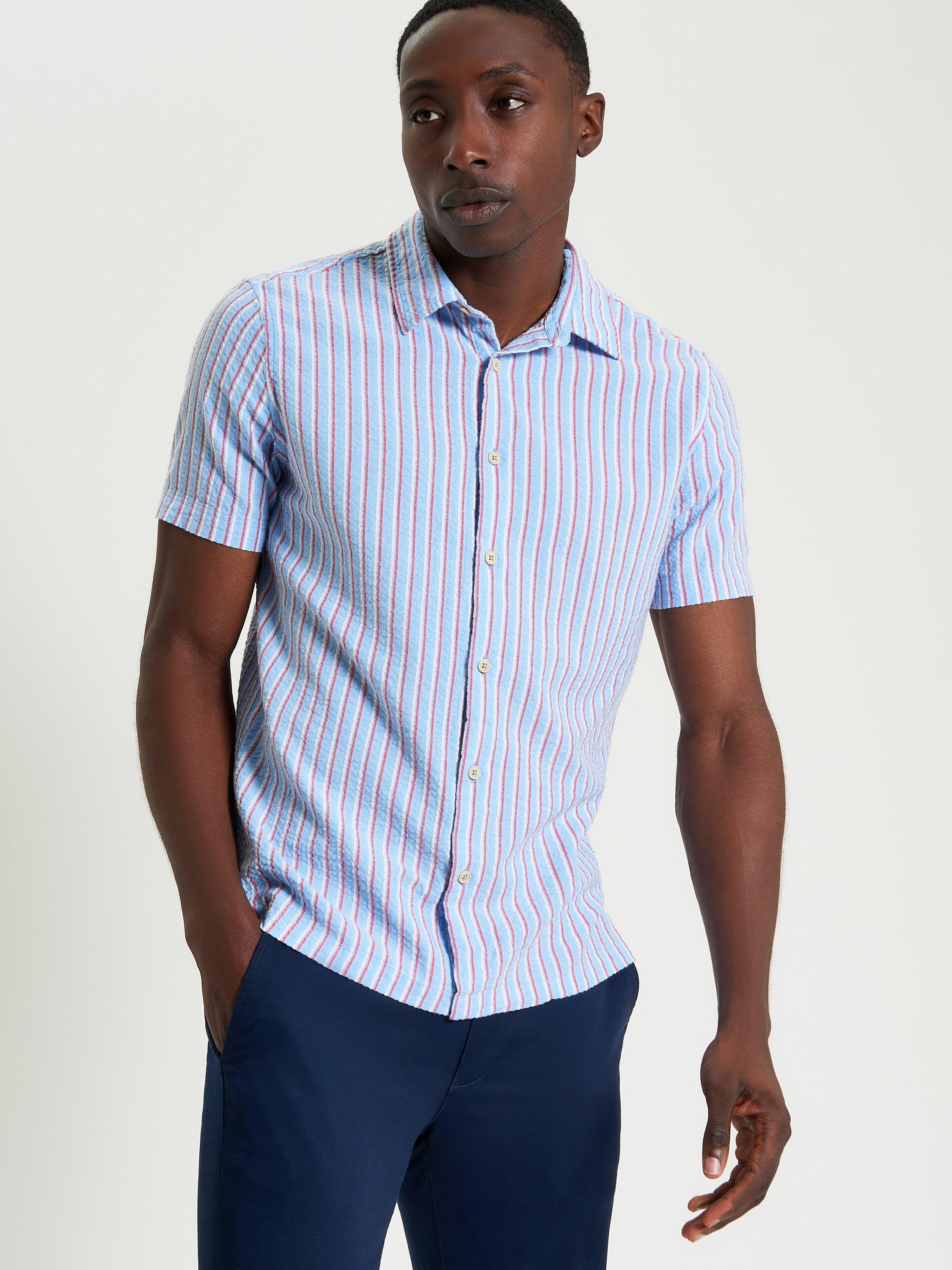 Product image 1 of 5, which shows Ben Sherman Cotton Blend Regular Fit Stripe Seersucker Shirt, Glacier, S