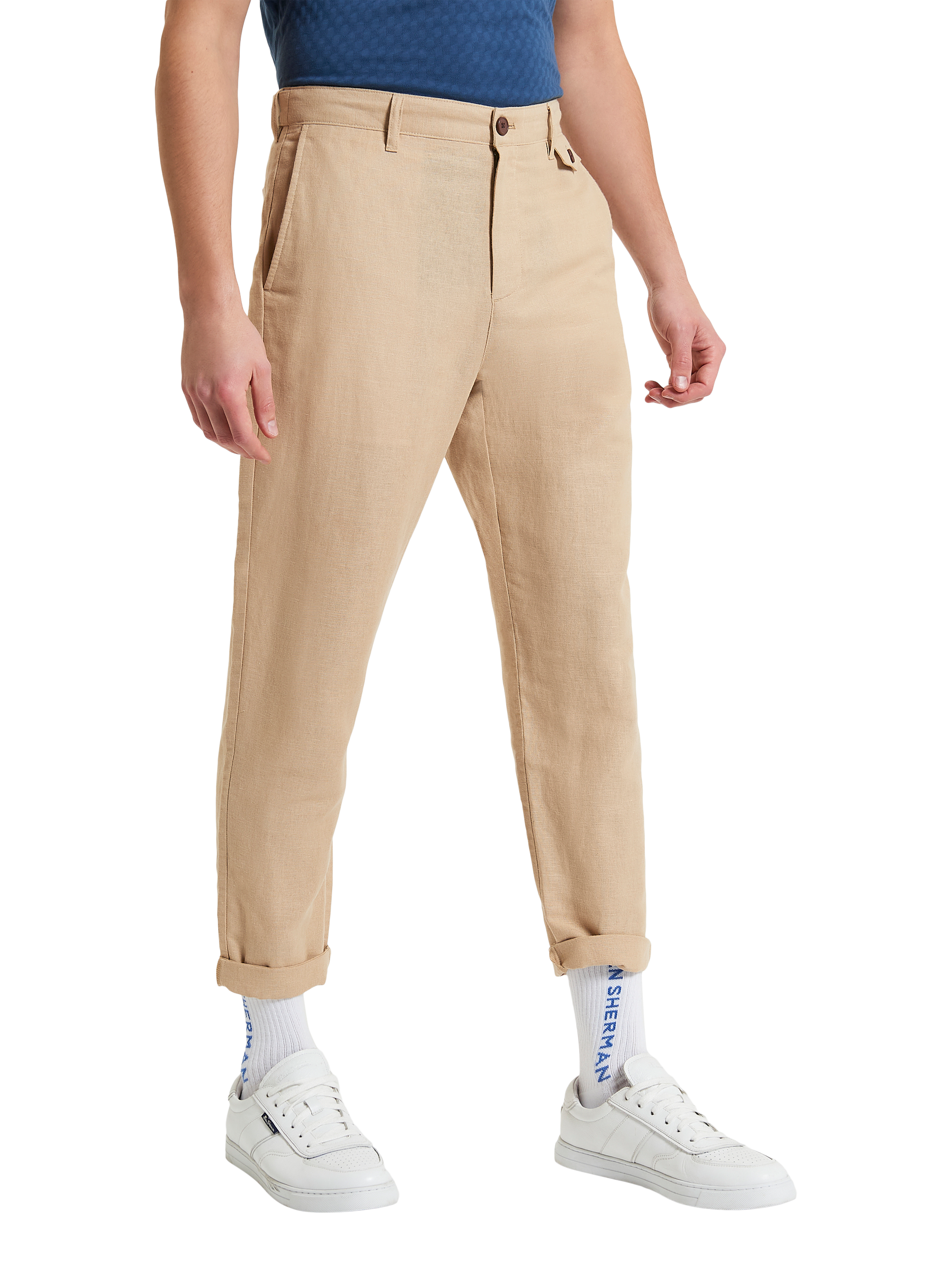 Product image 1 of 5, which shows Ben Sherman Linen & Cotton Blend Slim Taper Fit Trousers, Stone, 30R