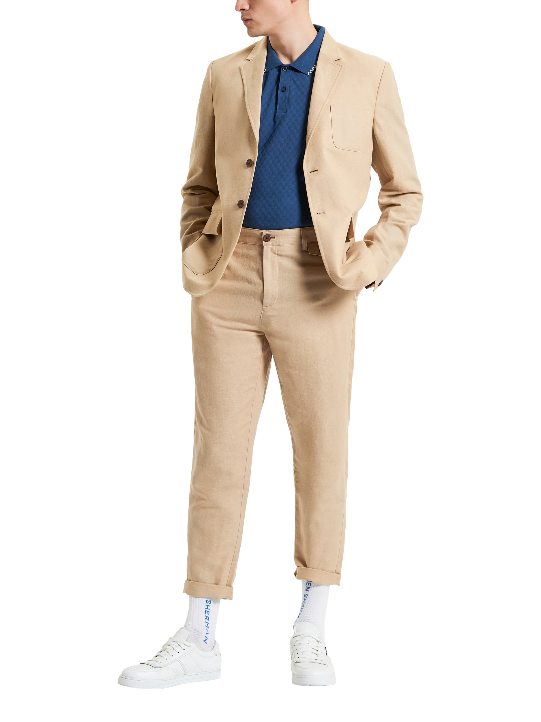Product image 3 of 5, which shows Ben Sherman Linen & Cotton Blend Slim Taper Fit Trousers, Stone, 30R