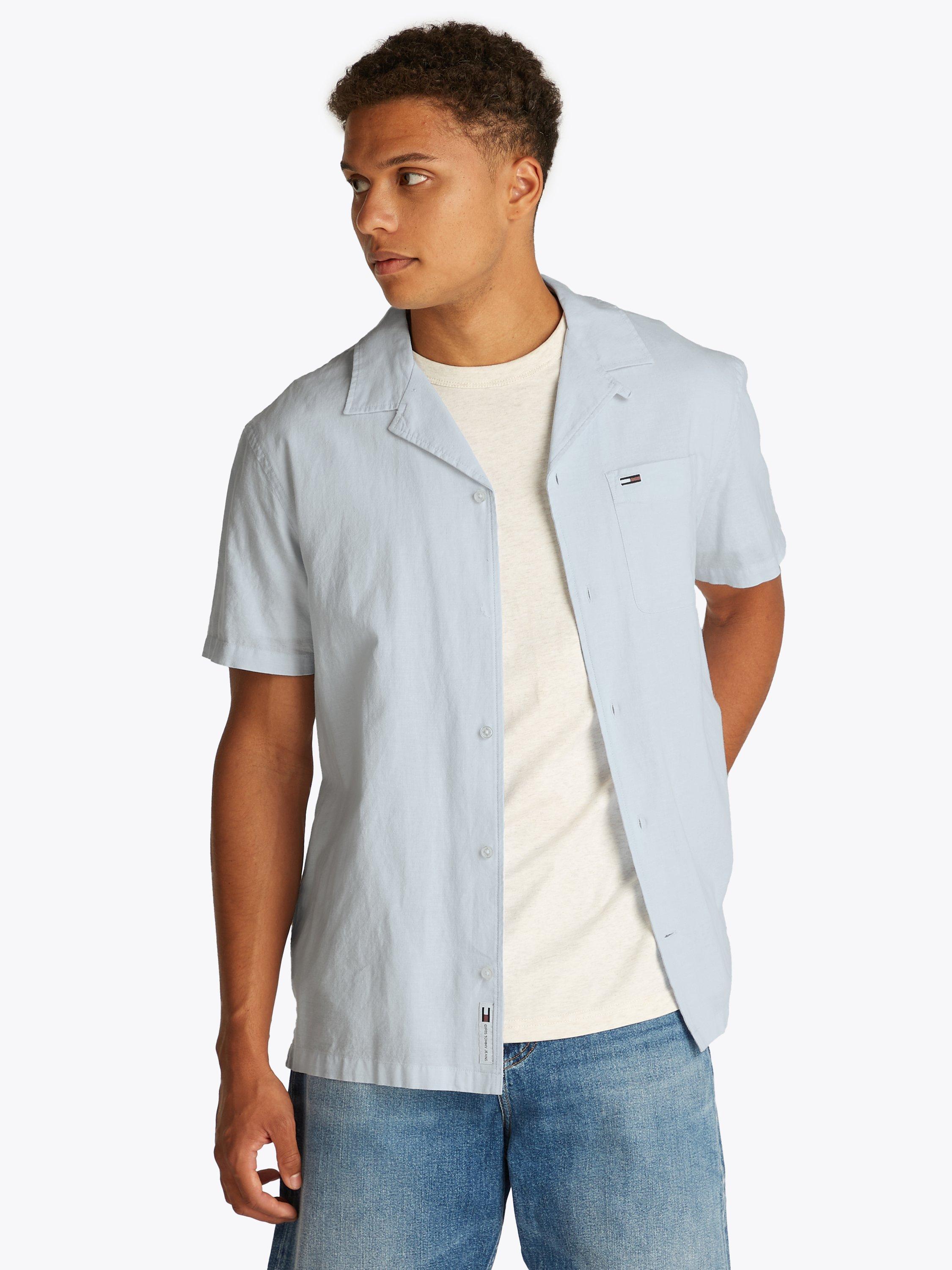 Product image 1 of 7, which shows Tommy Jeans Cotton Linen Blend Regular Fit Camp Collar Shirt, Sweet Blue, XS
