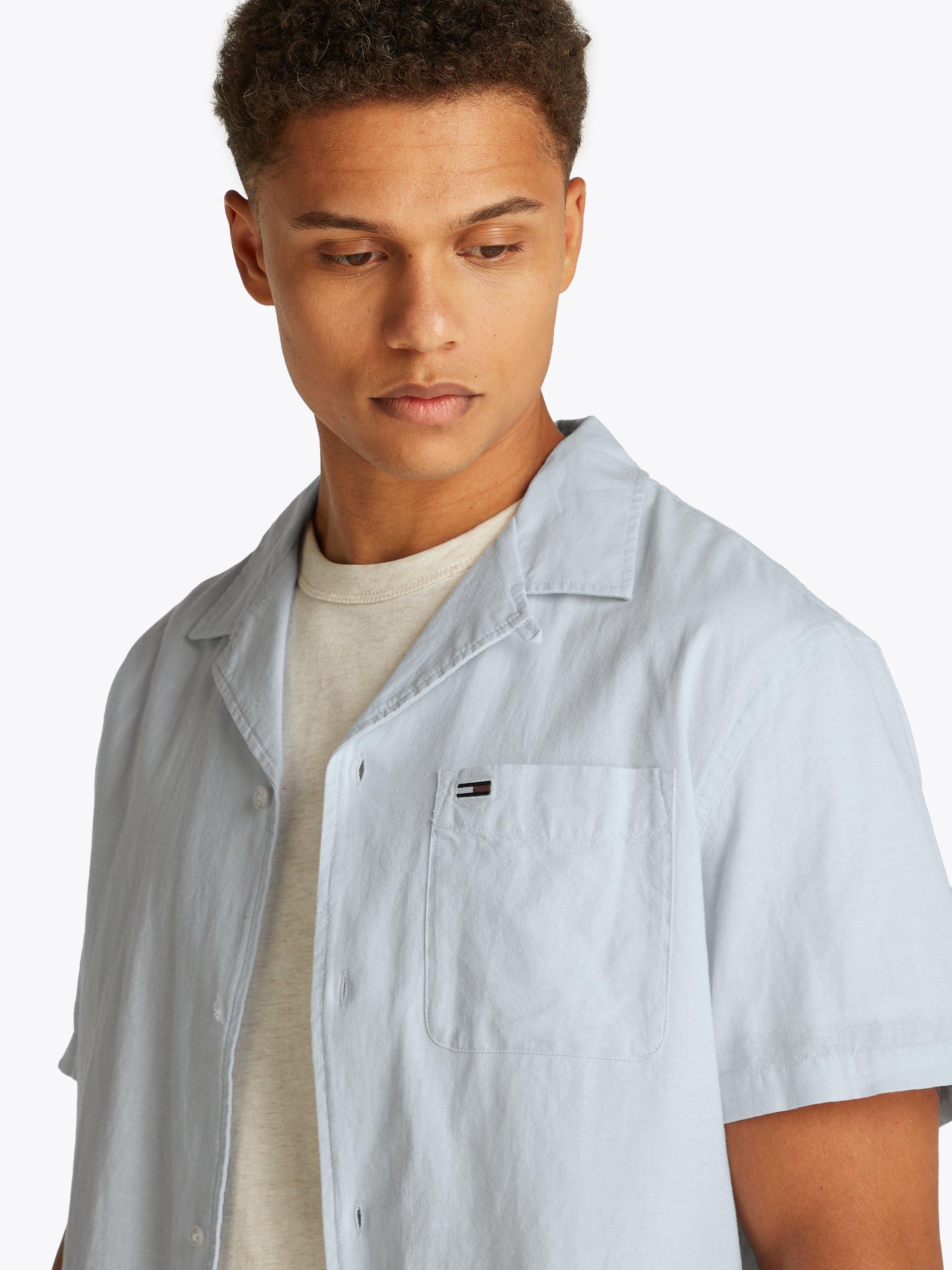 Product image 4 of 7, which shows Tommy Jeans Cotton Linen Blend Regular Fit Camp Collar Shirt, Sweet Blue, XS