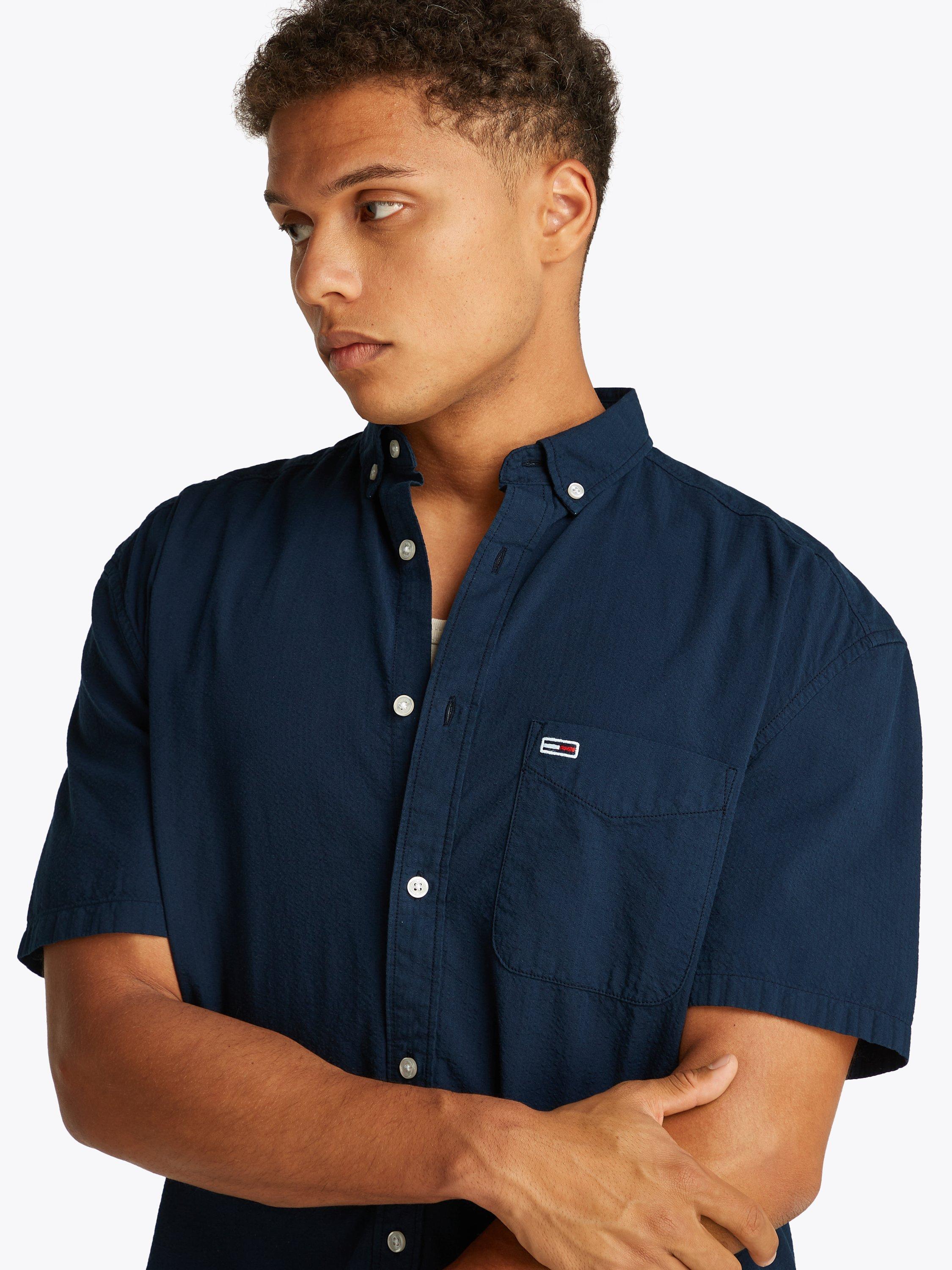 Product image 4 of 8, which shows Tommy Jeans Cotton Regular Fit Seersucker Shirt, Dark Night Navy, XS
