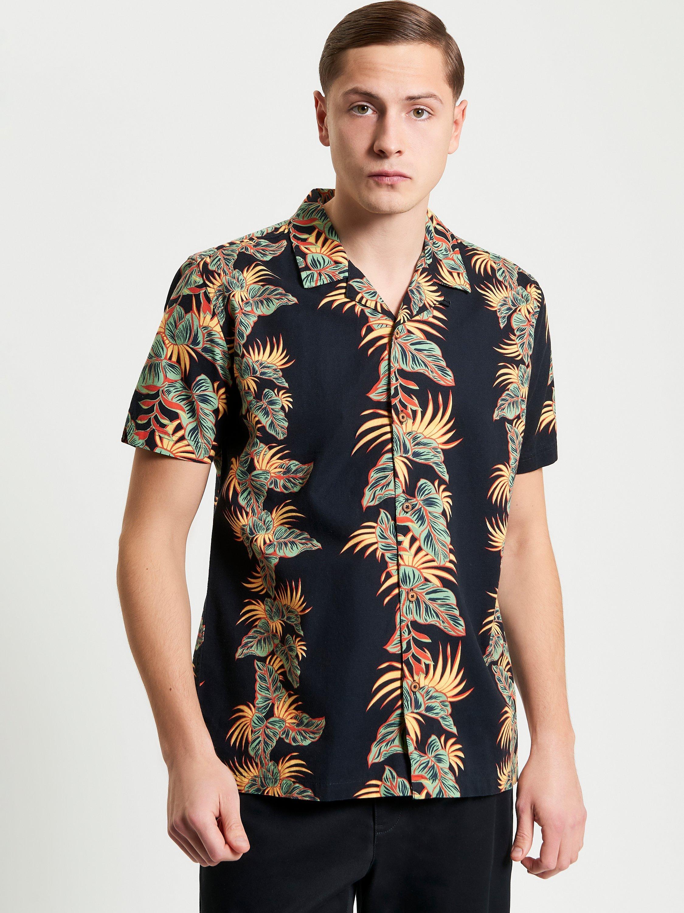 Product image 1 of 6, which shows Ben Sherman Cotton Regular Fit Floral Print Revere Collar Shirt, Black, S