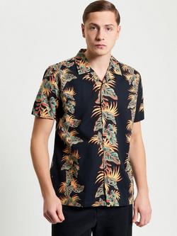 Ben Sherman Cotton Regular Fit Floral Print Revere Collar Shirt, Black, Black