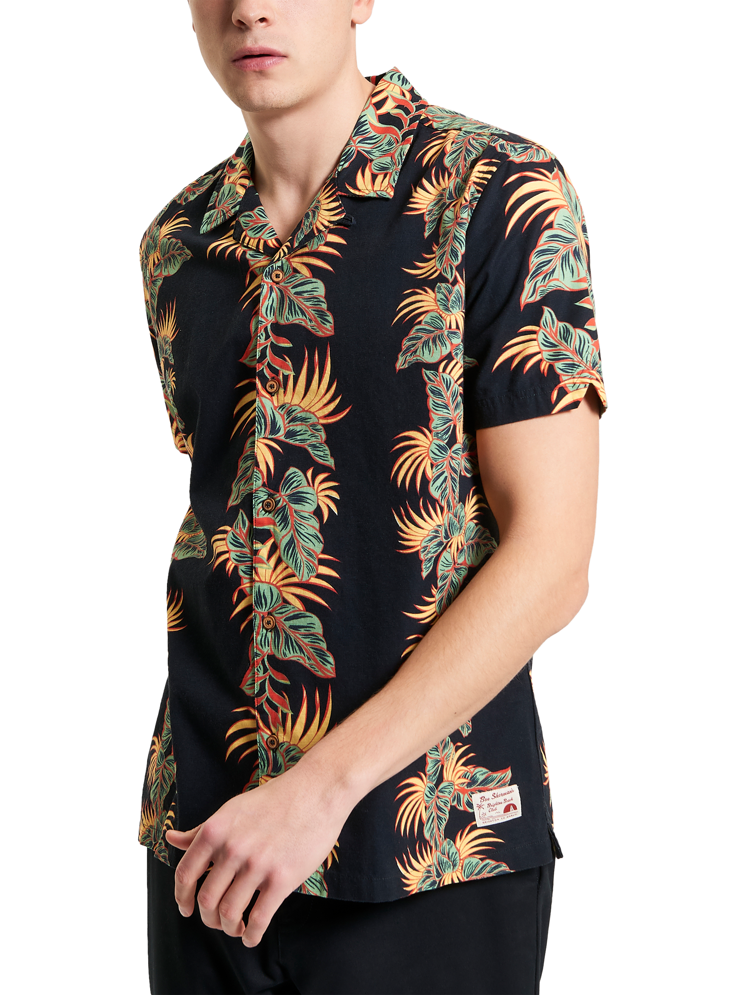 Product image 4 of 6, which shows Ben Sherman Cotton Regular Fit Floral Print Revere Collar Shirt, Black, S