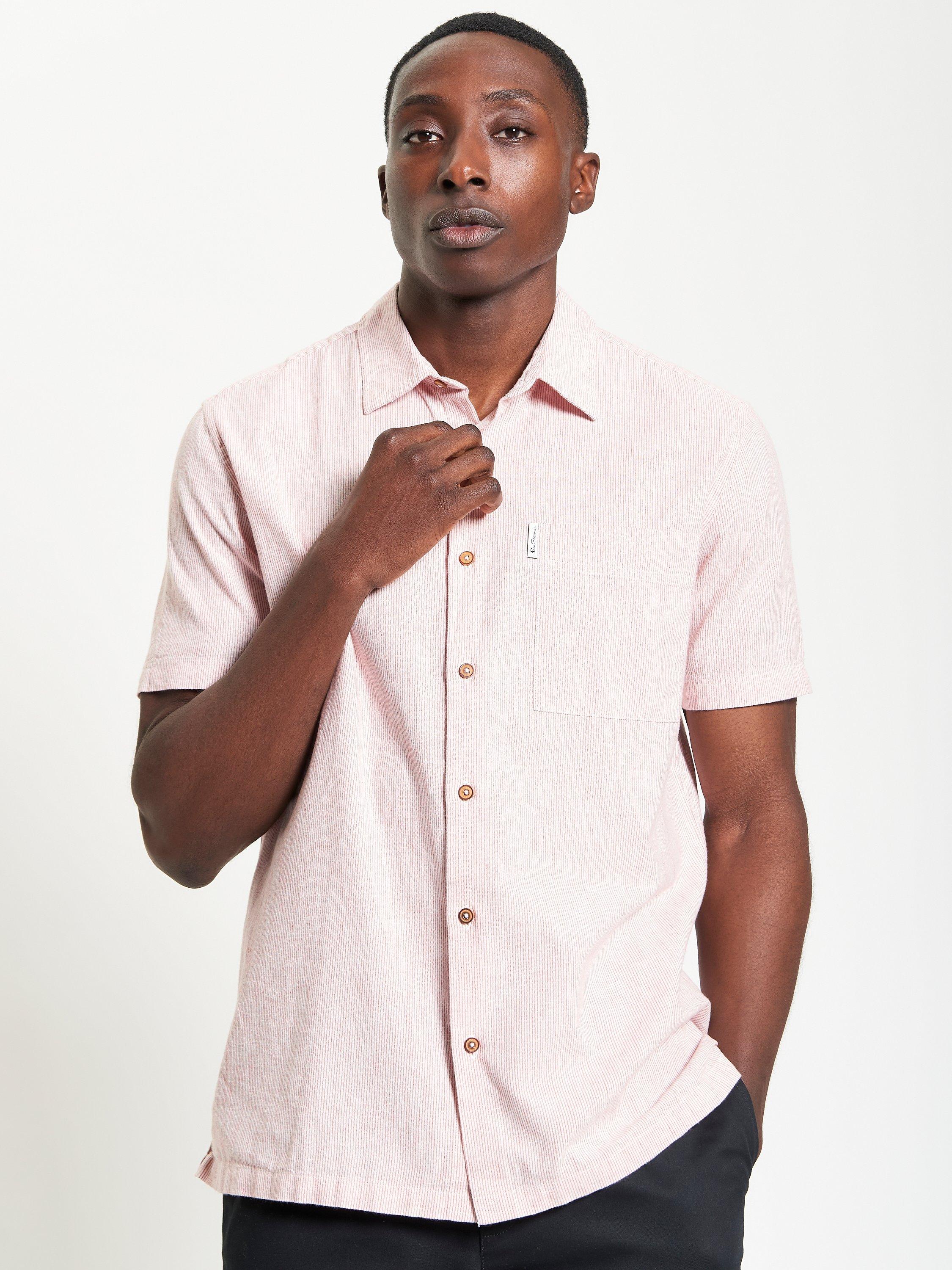 Product image 1 of 5, which shows Ben Sherman Ticking Cotton Blend Regular Fit Stripe Shirt, Cerise, S