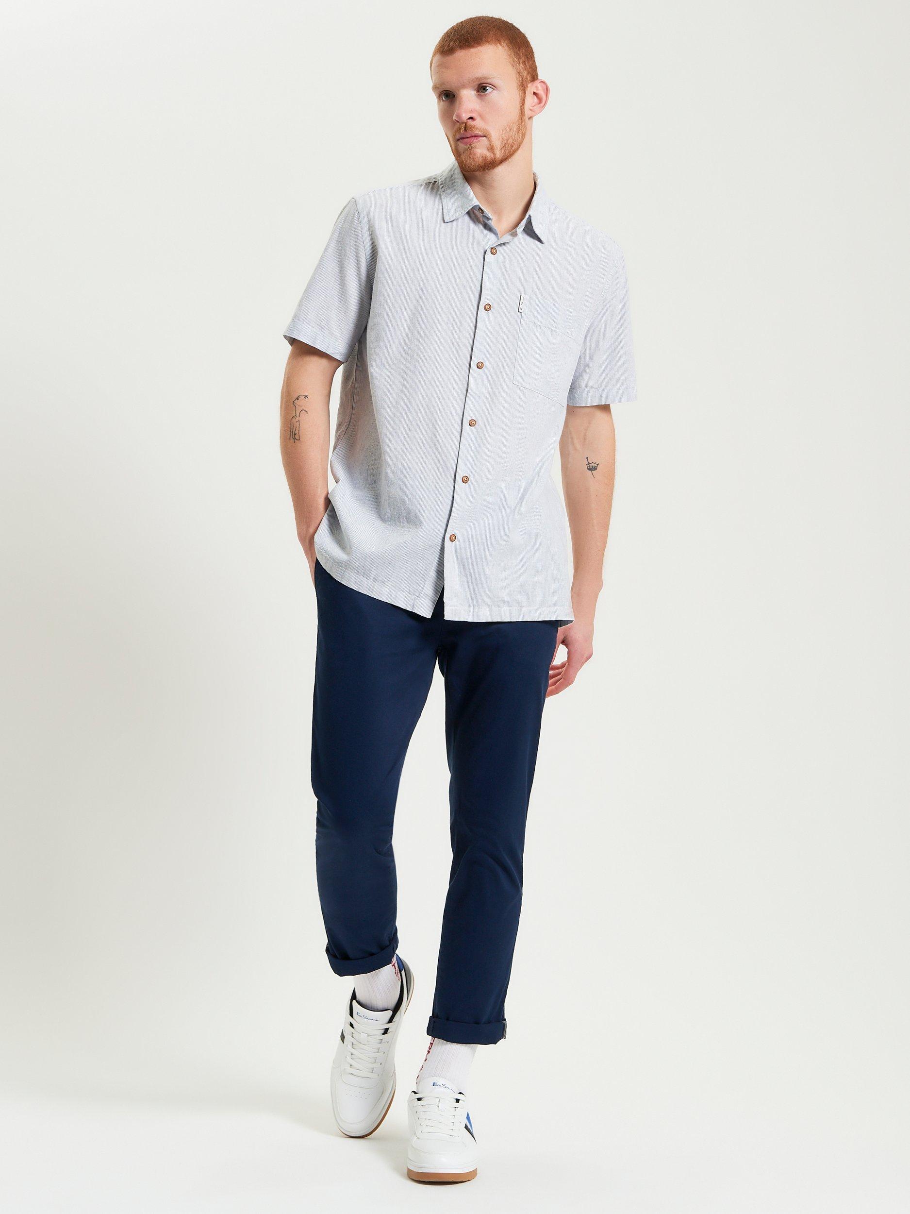 Product image 3 of 5, which shows Ben Sherman Ticking Cotton Blend Regular Fit Stripe Shirt, Glacier, S