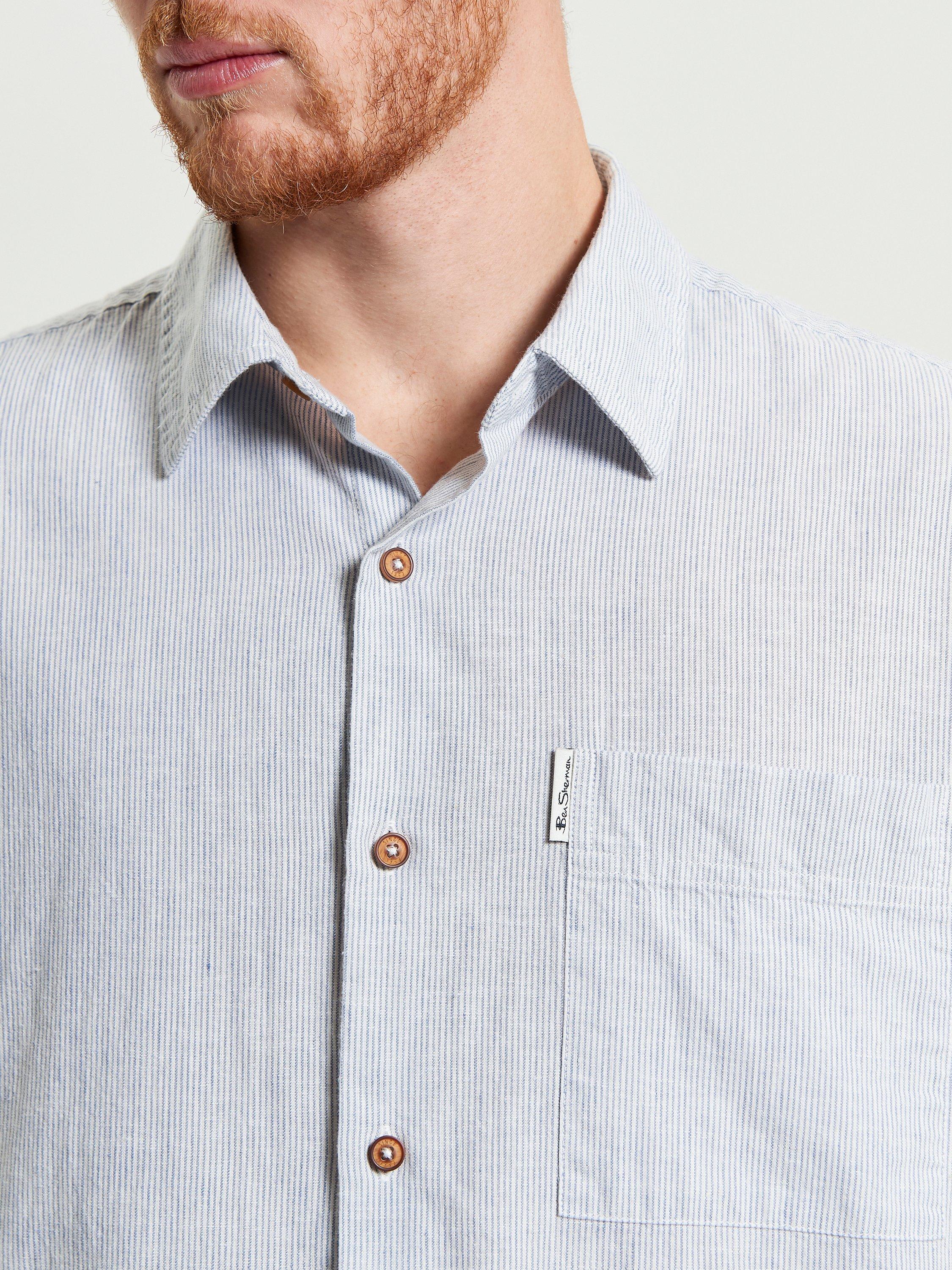 Product image 4 of 5, which shows Ben Sherman Ticking Cotton Blend Regular Fit Stripe Shirt, Glacier, S