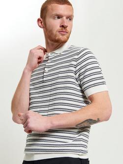 Ben Sherman Knitted Organic Cotton Short Sleeve Jacquard Stripe Polo Top, Ivory, Ivory