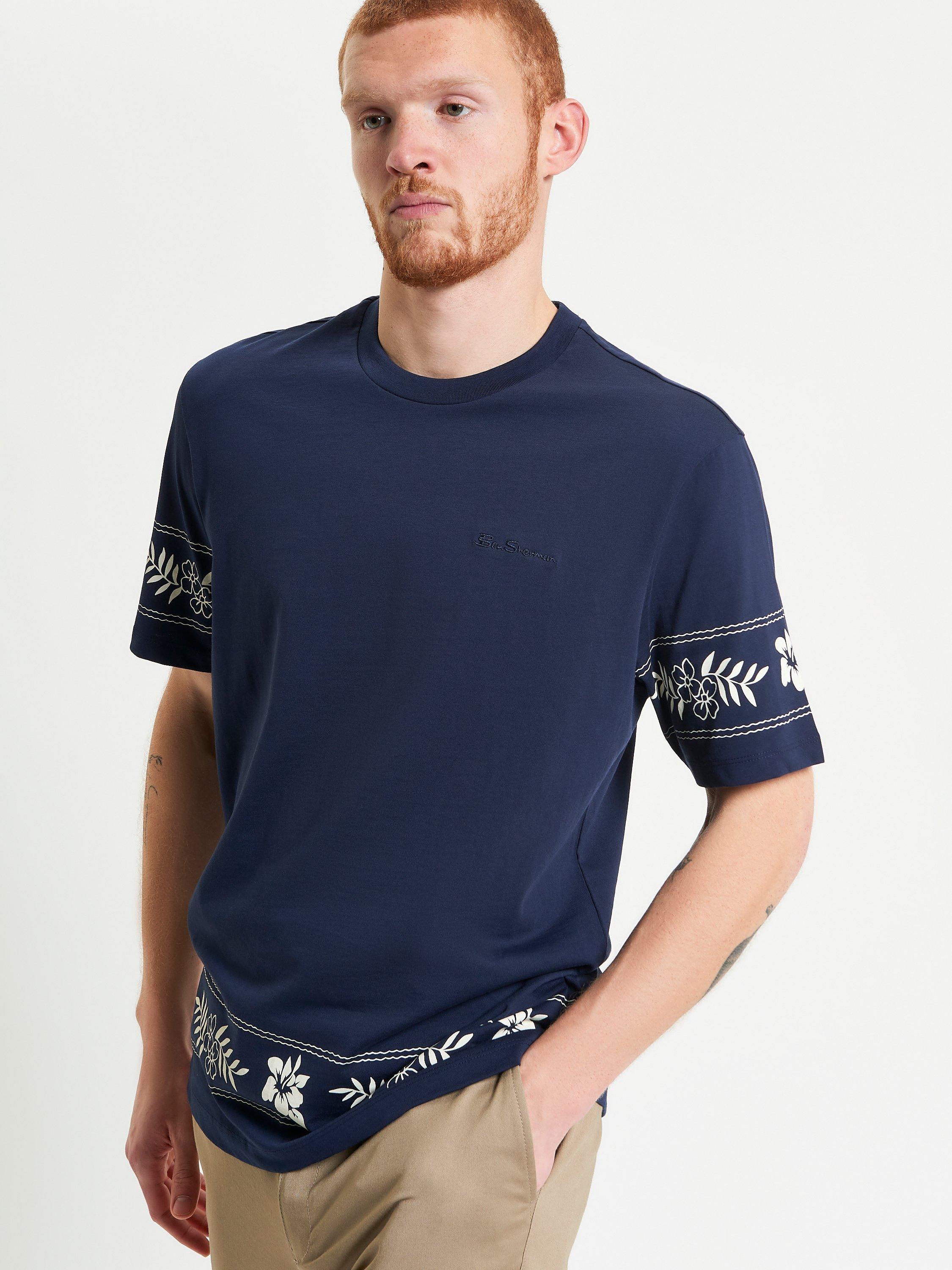 Product image 1 of 5, which shows Ben Sherman Organic Cotton Regular Fit Floral Border T-Shirt, Dark Navy, S