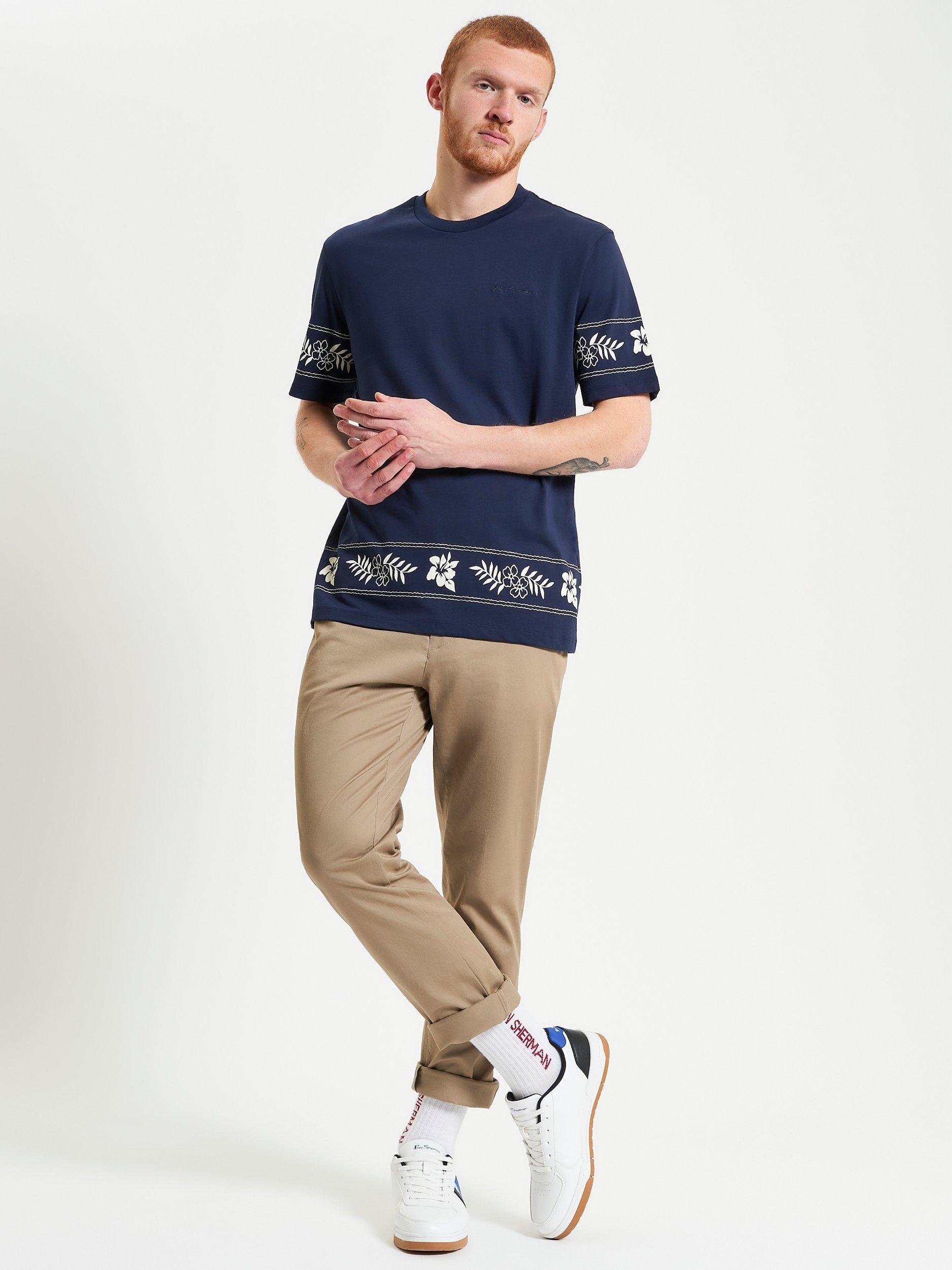 Product image 3 of 5, which shows Ben Sherman Organic Cotton Regular Fit Floral Border T-Shirt, Dark Navy, S